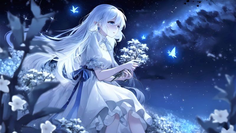 White Hair Blue Dress Flowers Princess Purple Eyes Anime Girl HD