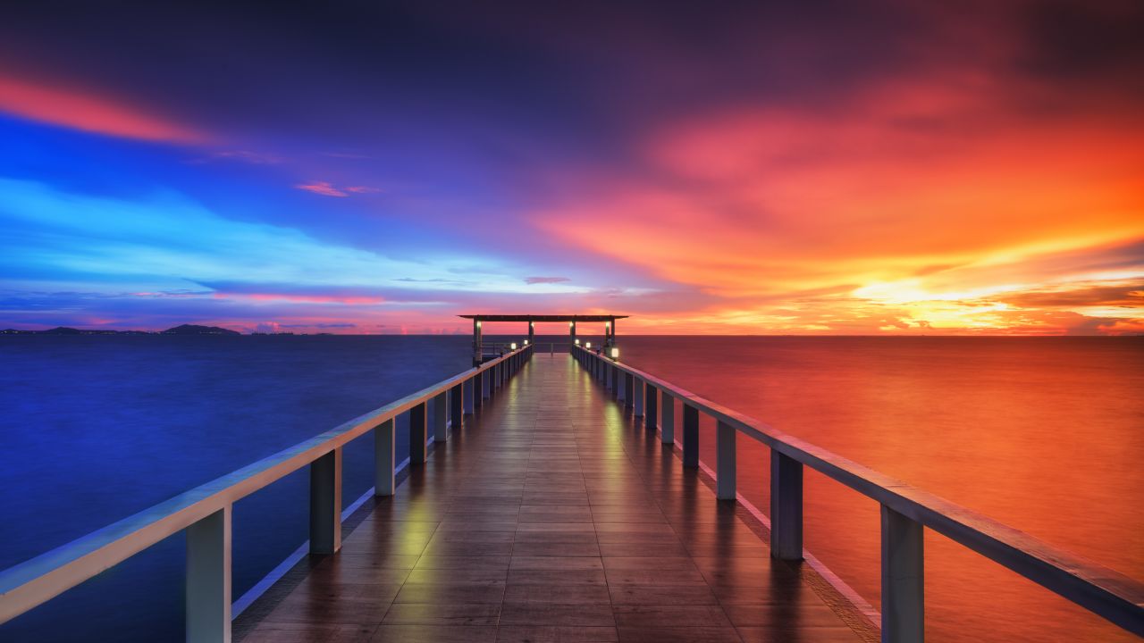 Wooden pier 4K Wallpaper, Bridge, Sunset, Horizon, Resort, Dawn