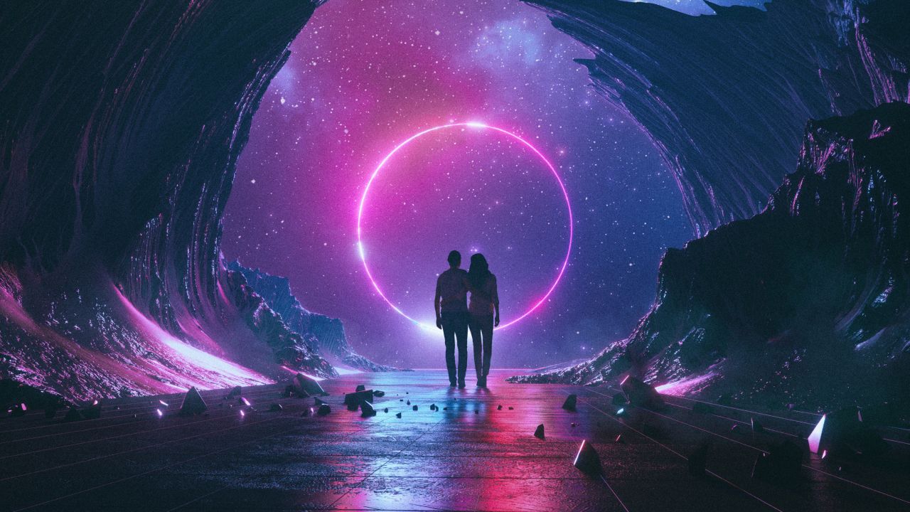 Couple 4K Wallpaper, Neon, Destiny, Dream, Rocks, Starry sky, Pink