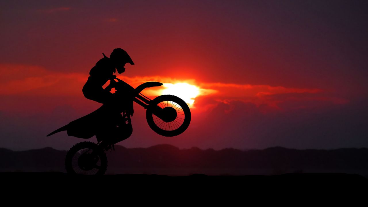 Motocross Motorcycle 4K Wallpaper, Motorcycle stunt, Silhouette, Sunset