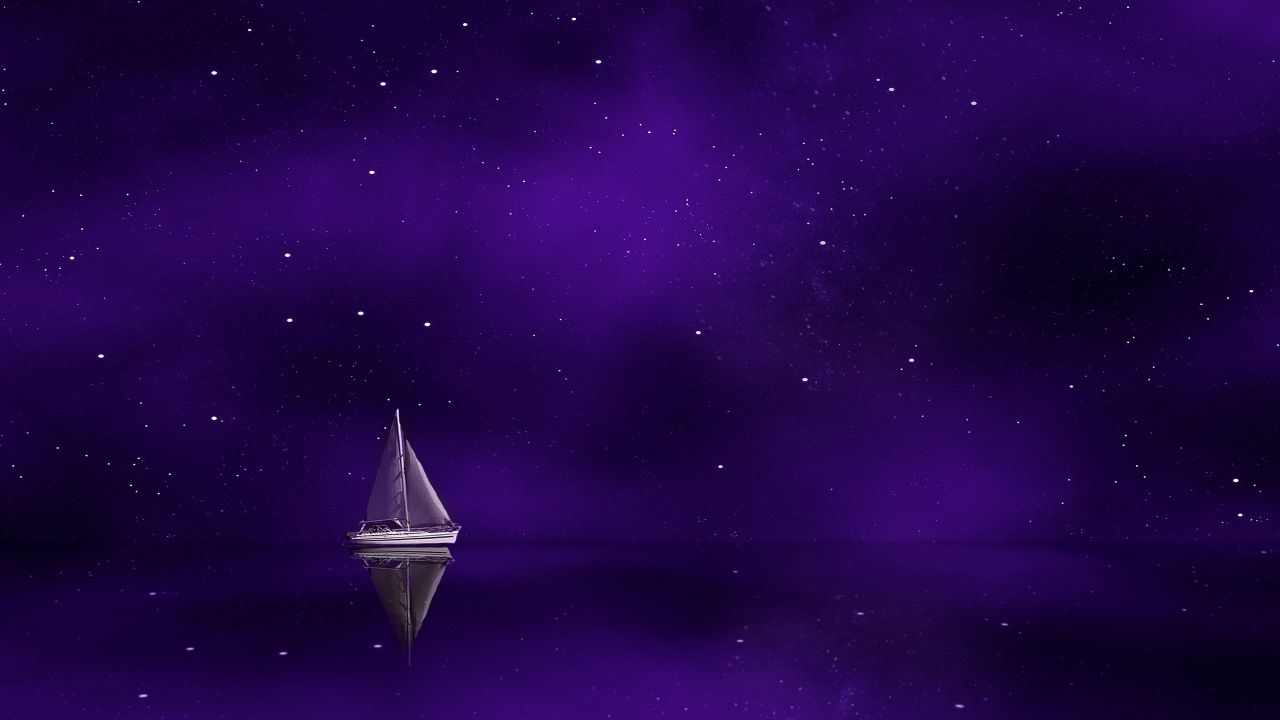 Sailing boat 4K Wallpaper, Ship, Purple background, Stars, Graphics CGI