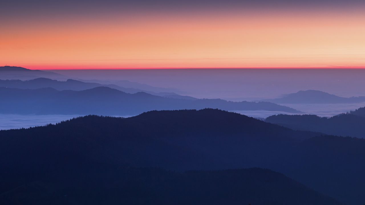 Sunset Orange 4K Wallpaper, Sky view, Mountains, Foggy, Mountain range