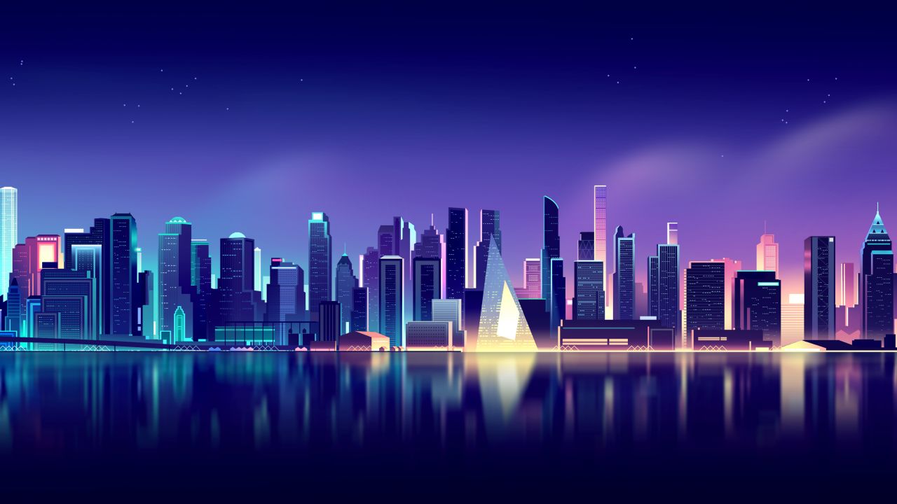 Cityscape 4K Wallpaper, Neon, Skyline, Aesthetic, Reflections, 5K