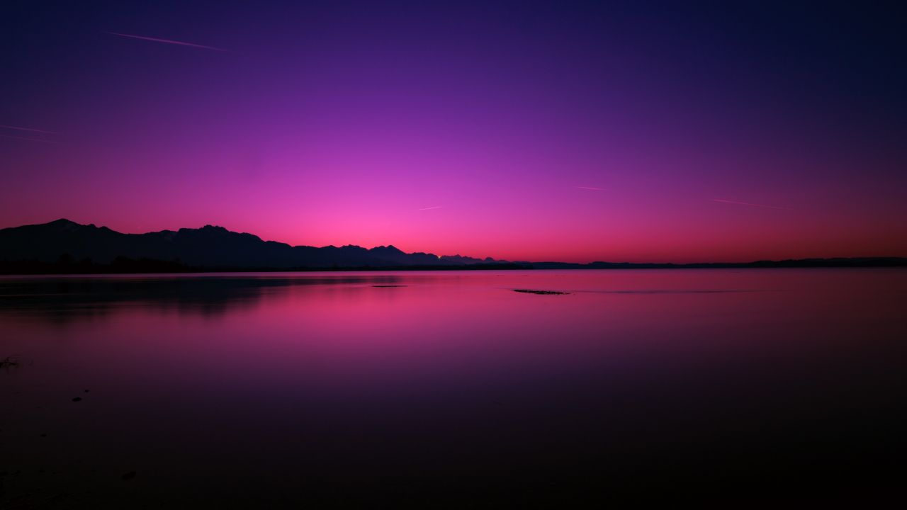 Sunset 4K Wallpaper, Lake, Dusk, Purple sky, Reflection, Dawn, Body of