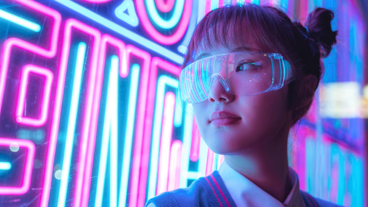 Girl 4K Wallpaper, Neon Lights, Purple, Glow, Cyberpunk, Asian , Neon