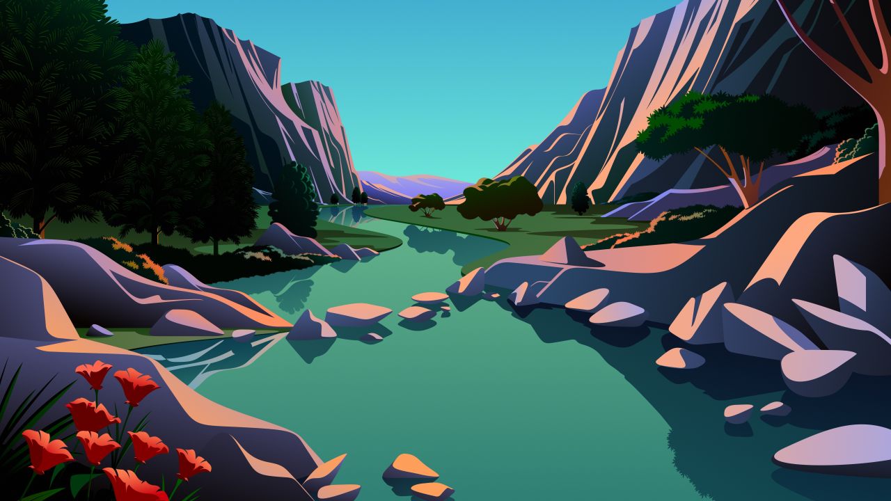 Lake 4K Wallpaper, Mountains, Rocks, Evening, Scenery, Illustration