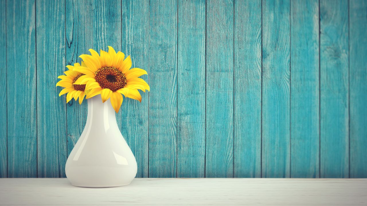 Sunflowers 4K Wallpaper, Flower vase, Wooden background, Teal, Flowers