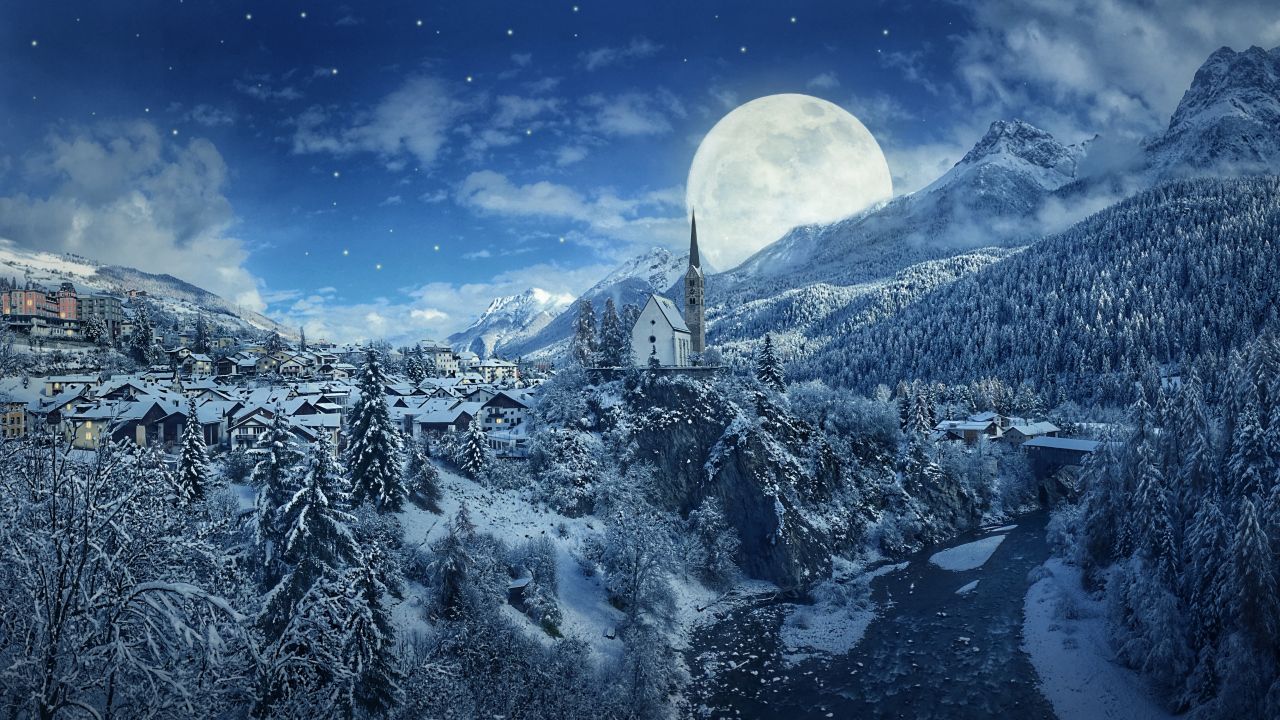 4K Wallpaper Winter, Moon, Frozen, Forest, Village, Snowfall, 5K
