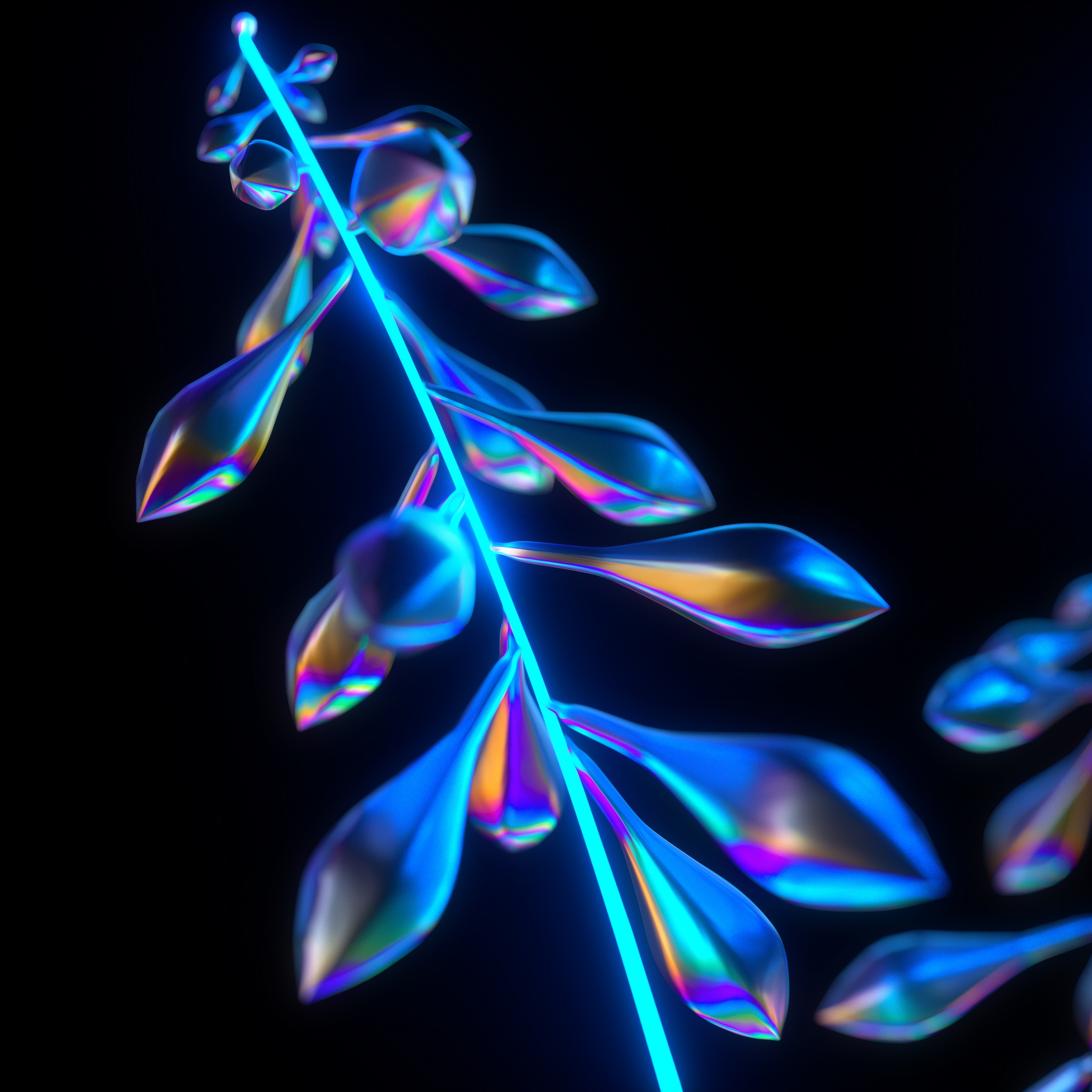 3D Wallpaper 4K, Neon, Leaves, CGI, Cyberpunk, Black background