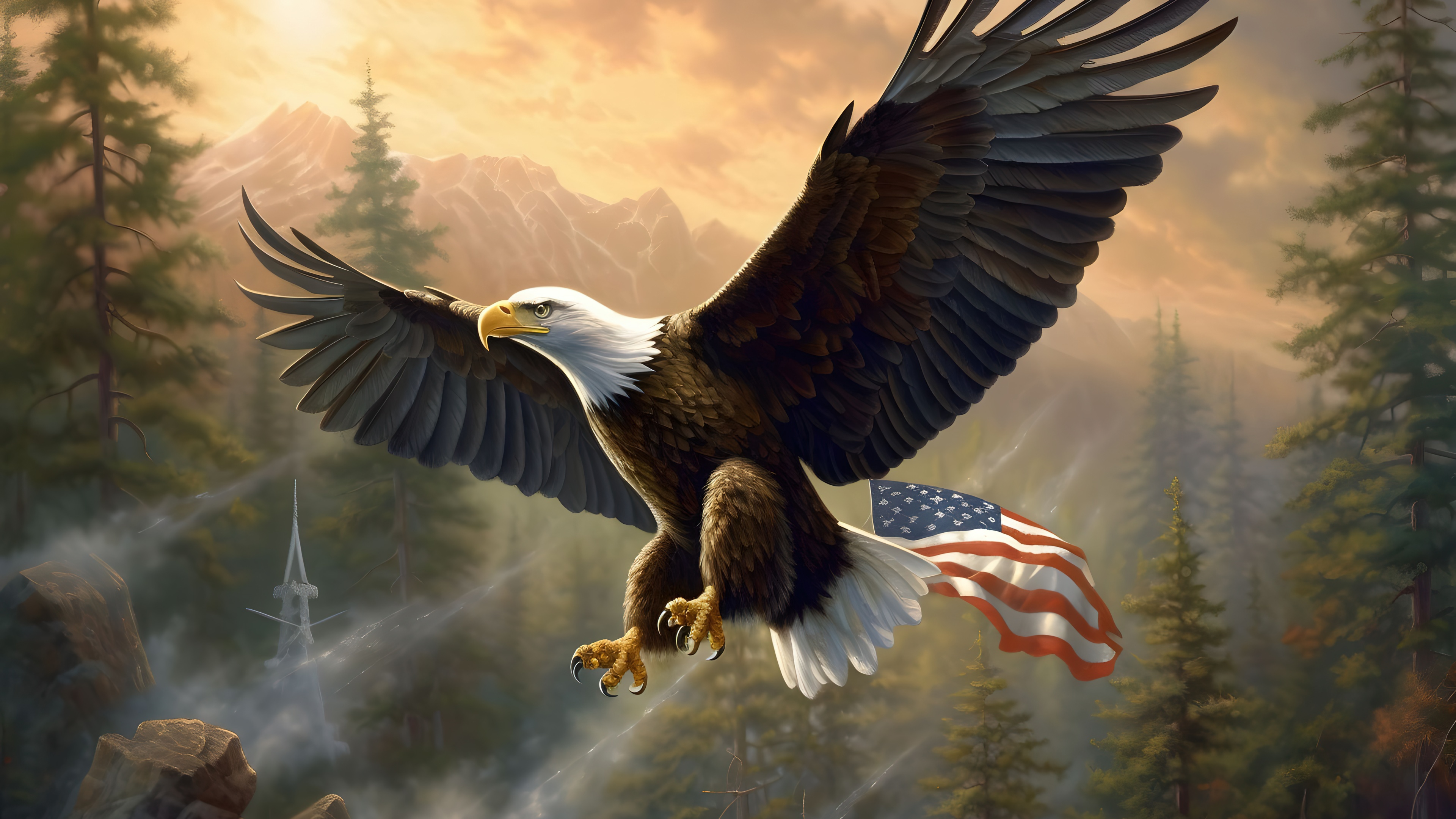 Eagle Flying Nature Mountain Sunrise Scenery Wallpaper 4K 43270