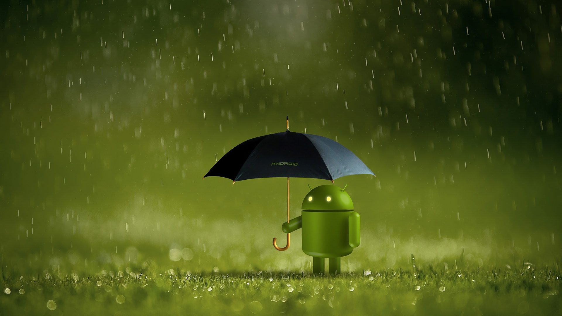 Android logo 4K Wallpaper, Android robot, Umbrella, Rain, Green