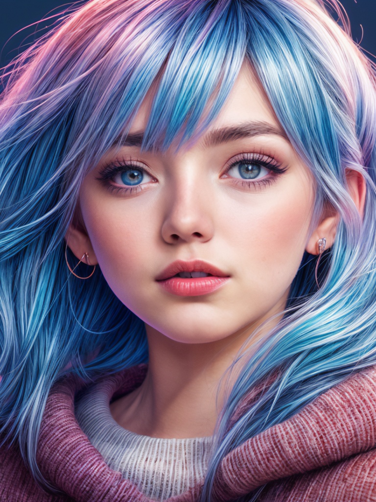 Asian Girl Wallpaper 4K, AI art, Blue hair, Blue eyes