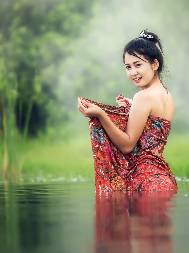 Asian Girl Wallpaper 4K, Teen, Lake, Pond, Bath time, Portrait, Smiling