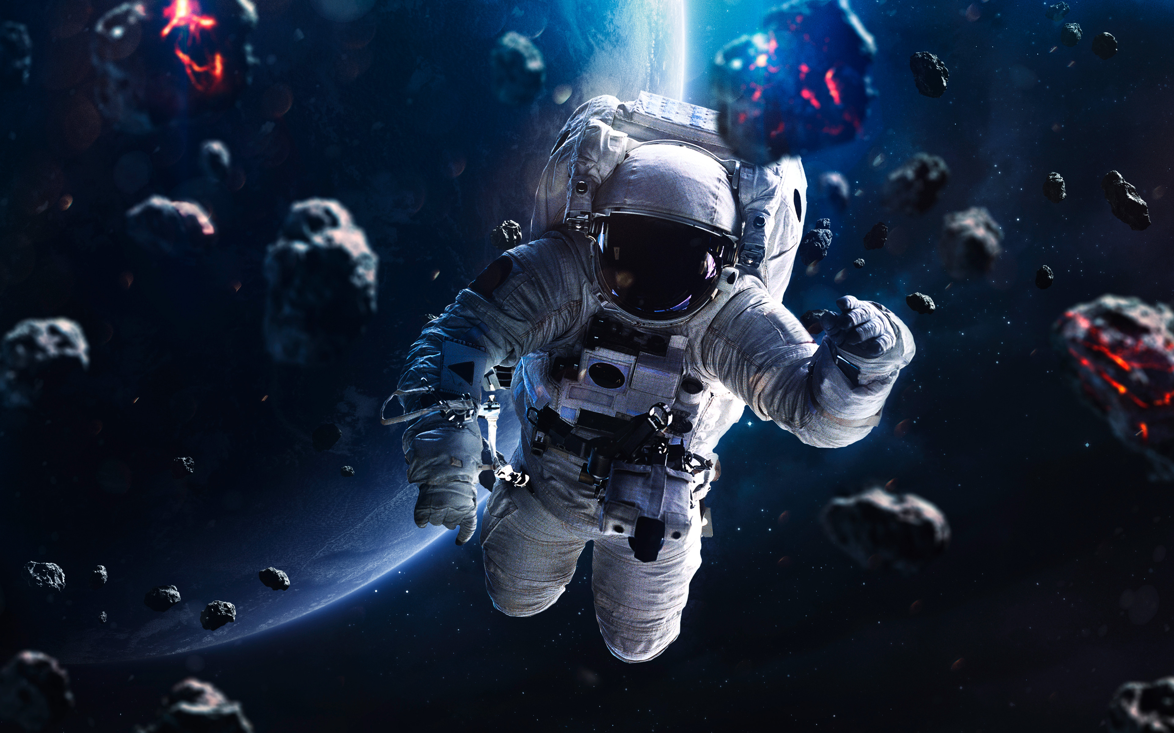 Astronaut Wallpaper 4K, Asteroids, Blue planet, Space, #2484