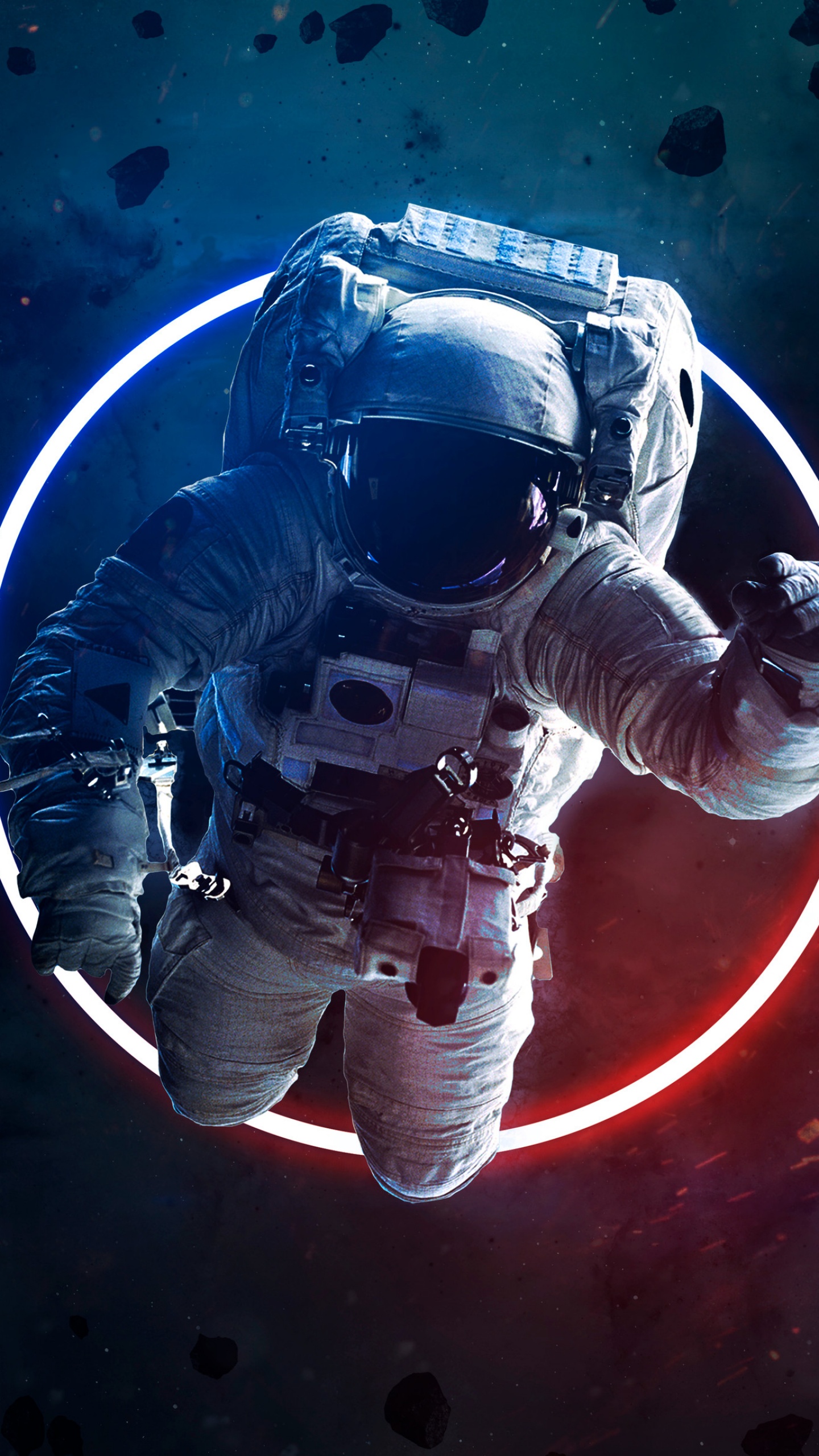 Astronaut 4K Wallpaper, Asteroids, Space suit, Neon light, Space travel