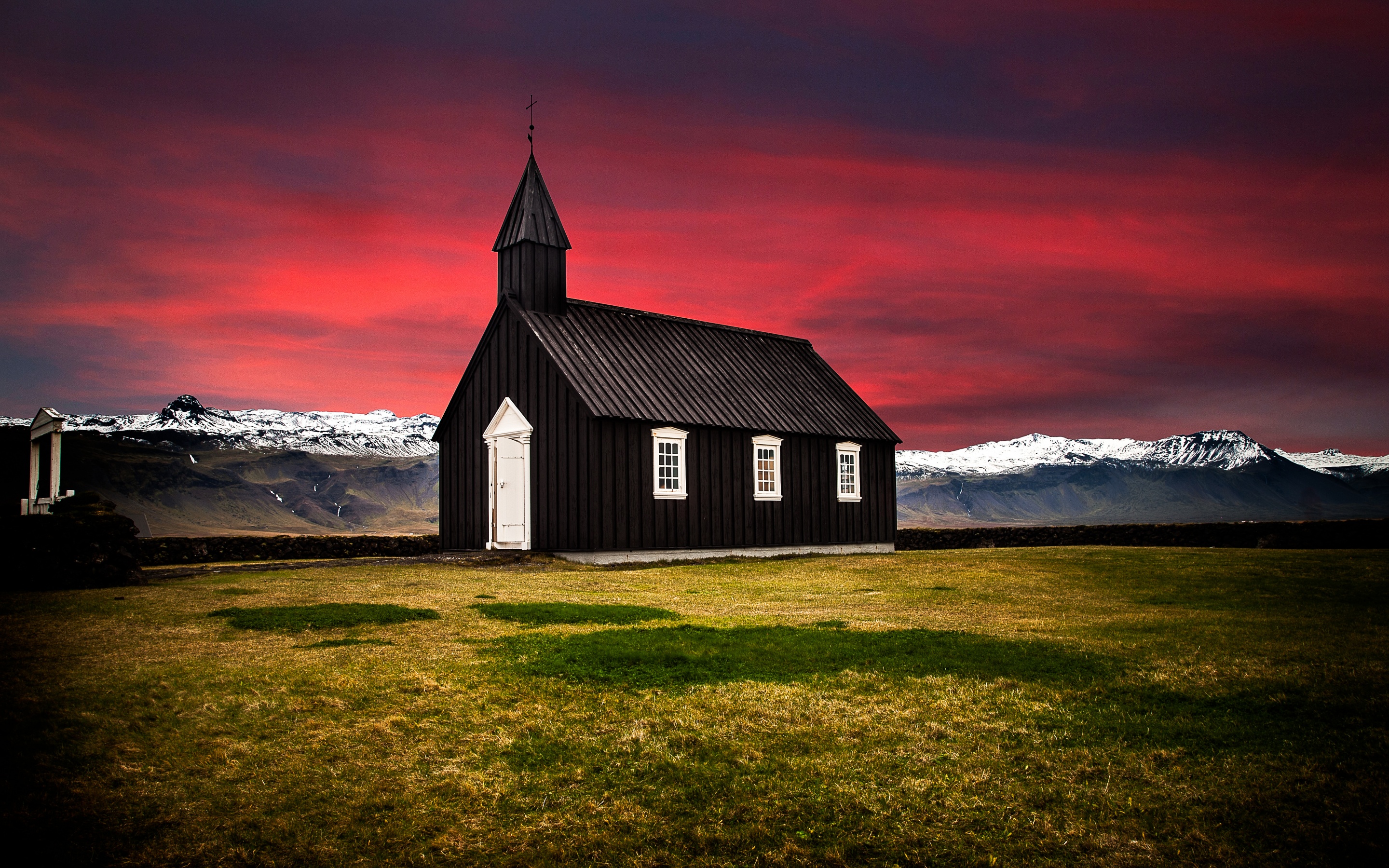 Búðir Wallpaper 4K, Iceland, Church, Hamlet, Landscape, Red Sky, World