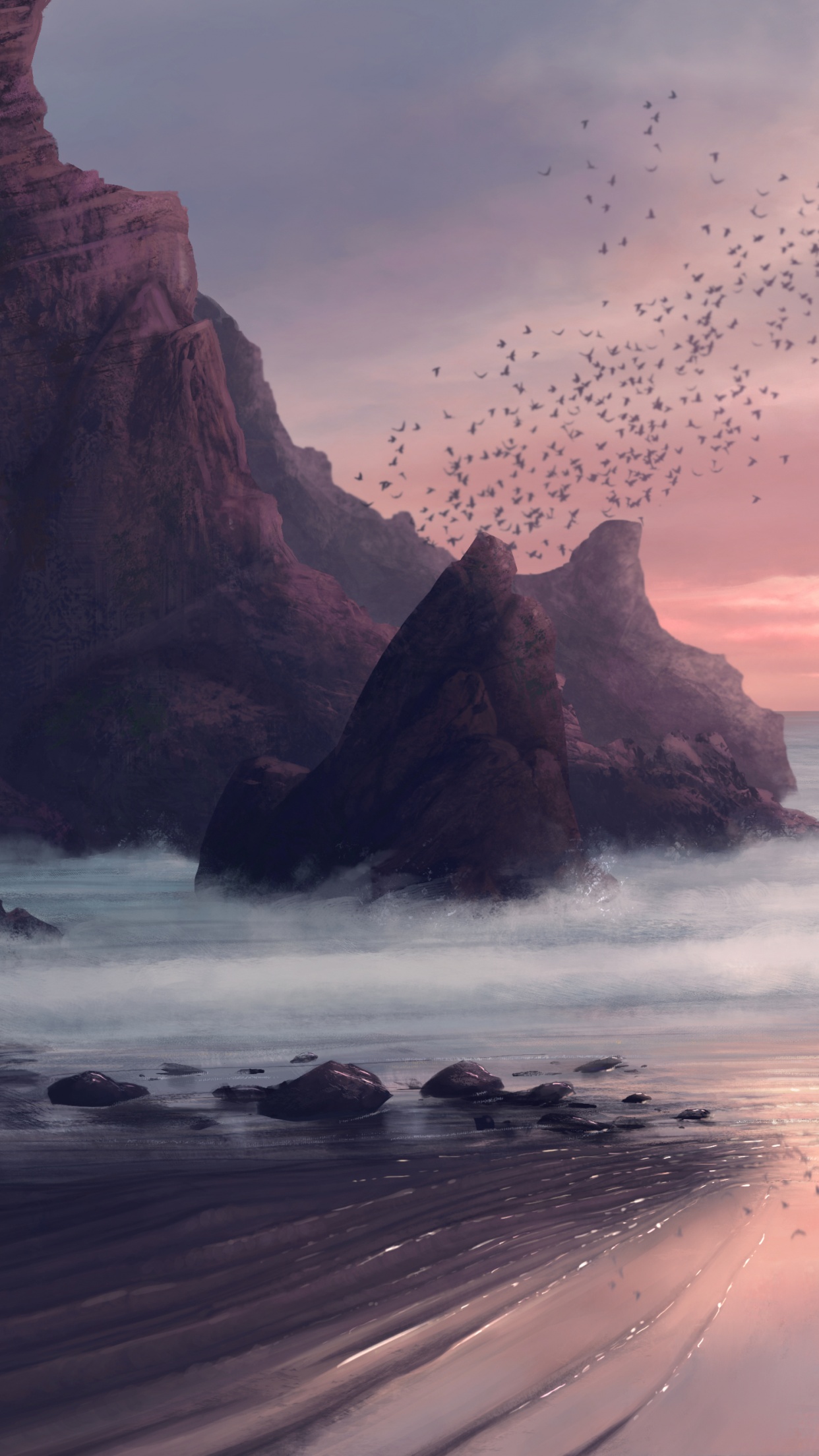 Beach Wallpaper 4K, Rocks, Sunset, Birds, Nature, #6423