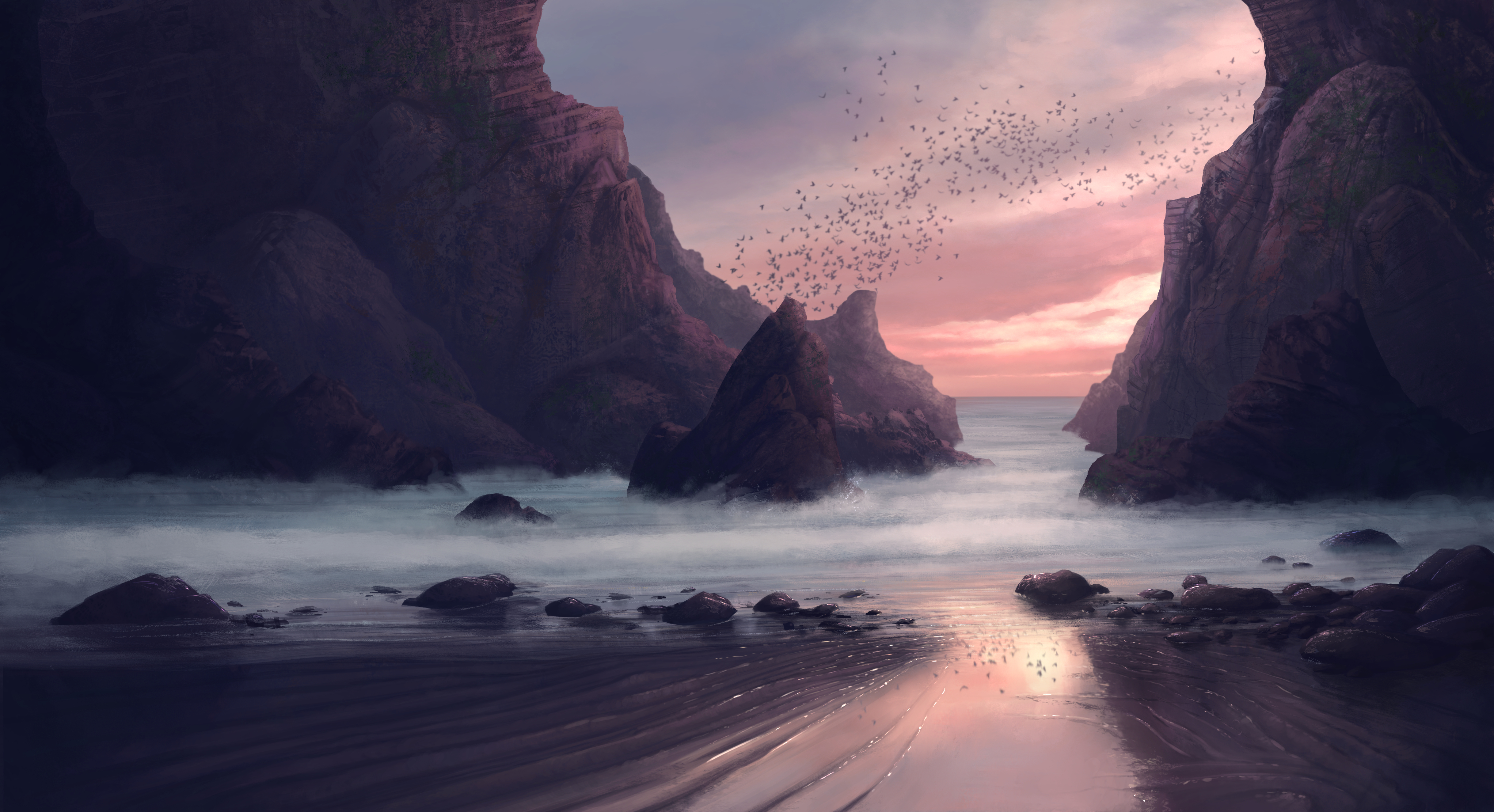 Beach Wallpaper 4K, Rocks, Sunset, Birds, Nature, #6423
