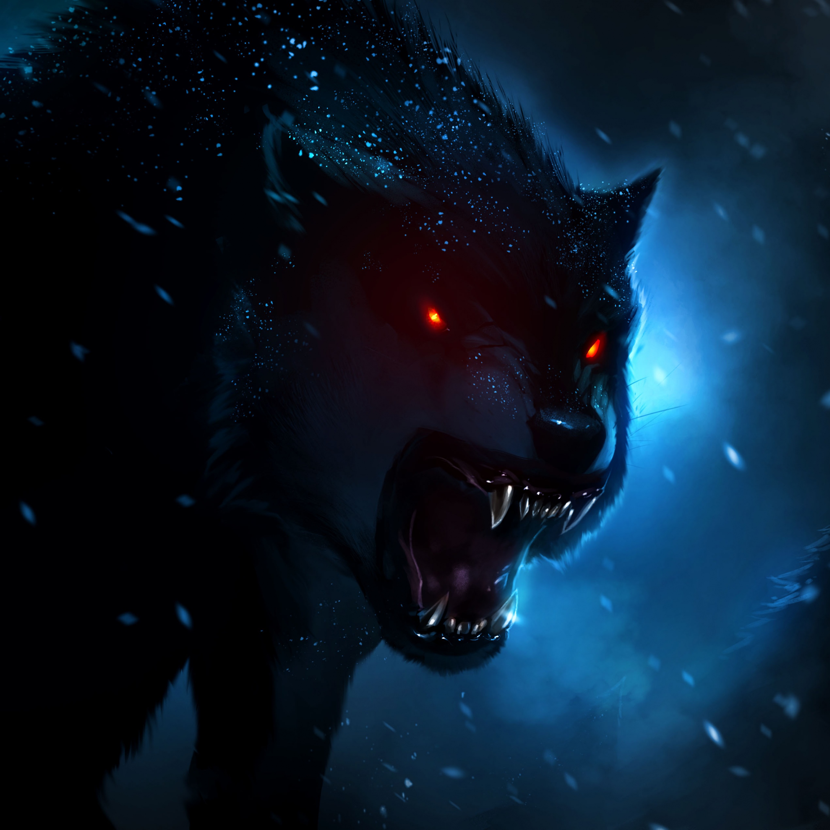 Black Wolf Wallpaper 4K, Red eyes, Snow fall, Animals, #6710