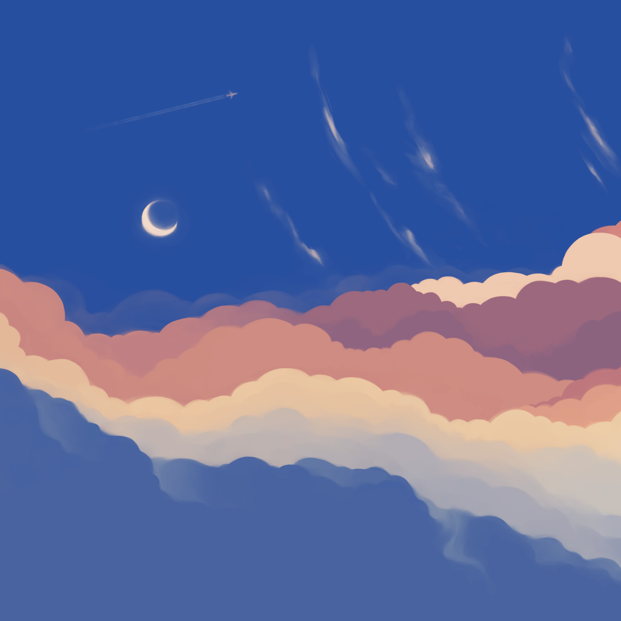 Blue Sky Wallpaper 4K, Crescent Moon, Half moon, Clouds