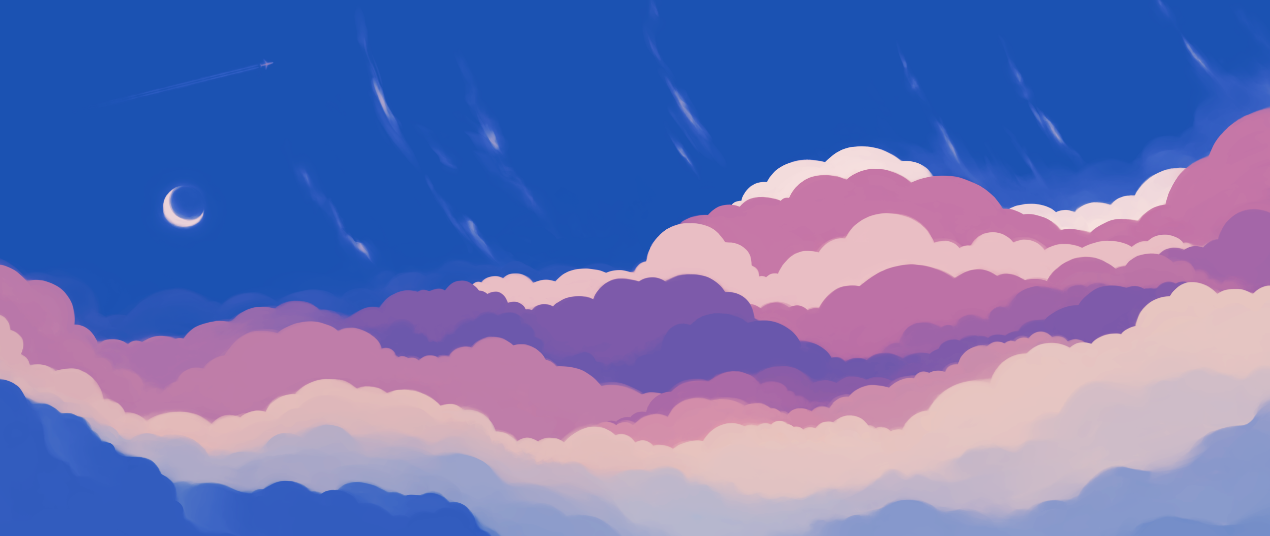 Blue Sky Wallpaper 4K, Half moon, Crescent Moon, Clouds