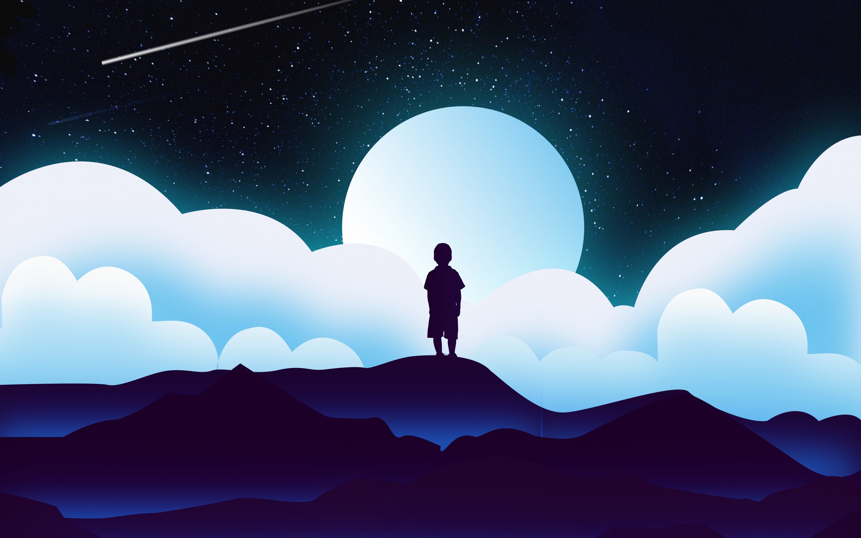 Boy Wallpaper 4K, Kid, Alone, Silhouette, Moon, Night, Clouds, Fantasy