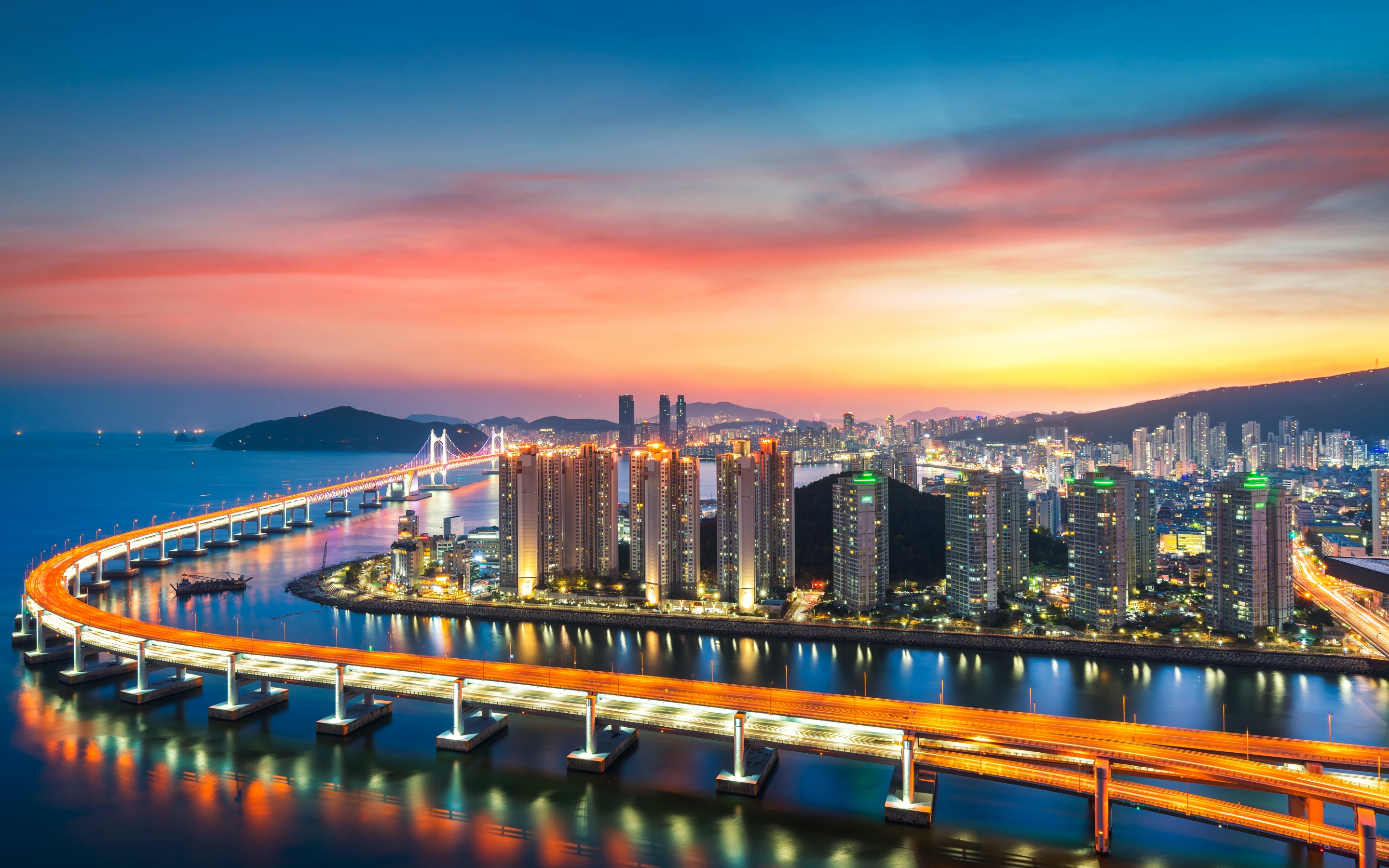 Busan 4K Wallpaper, Gwangan Bridge, City lights, Sunset, Harbor, Red
