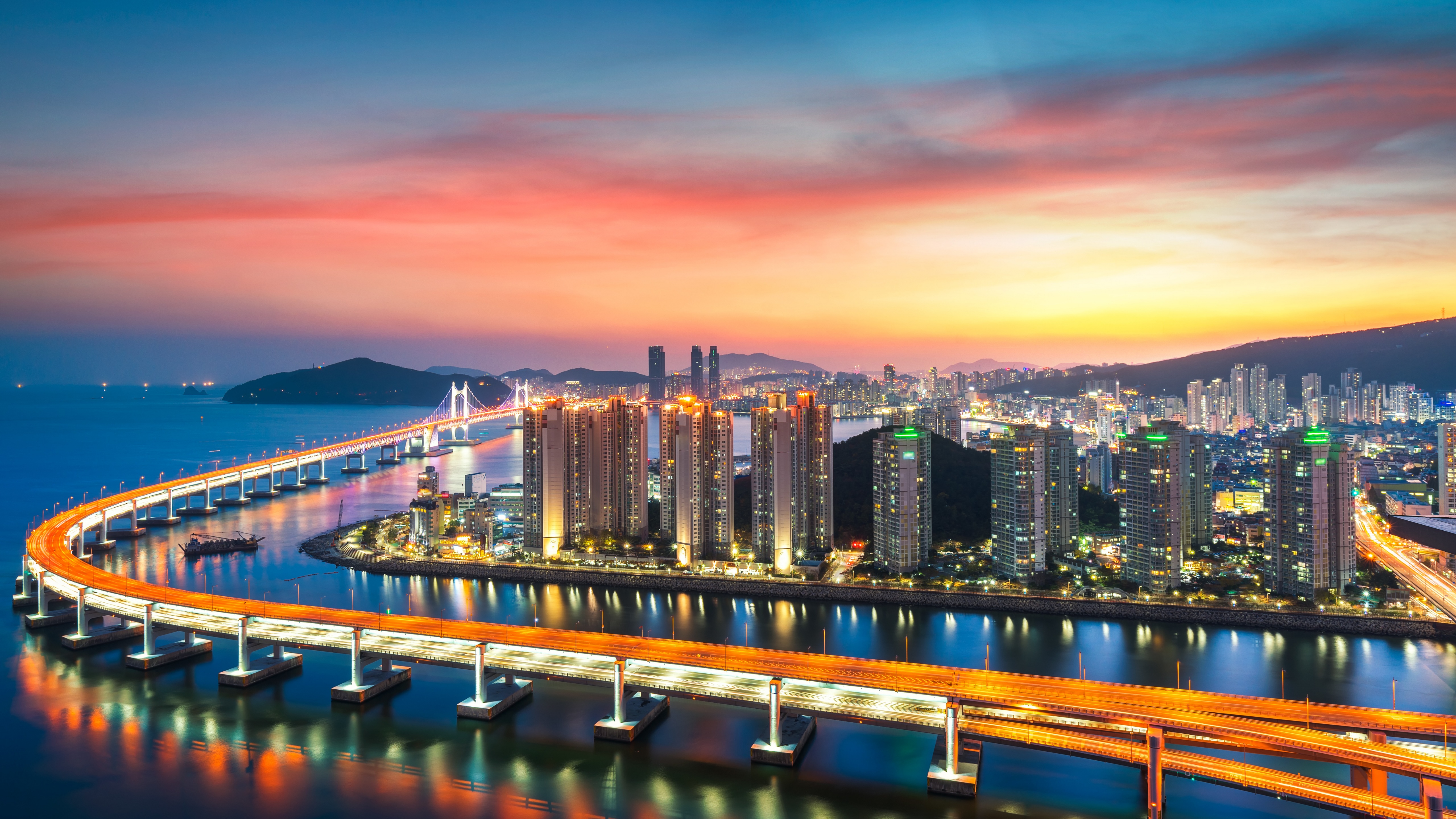 Busan 4K Wallpaper, Gwangan Bridge, City lights, Sunset, Harbor, Red