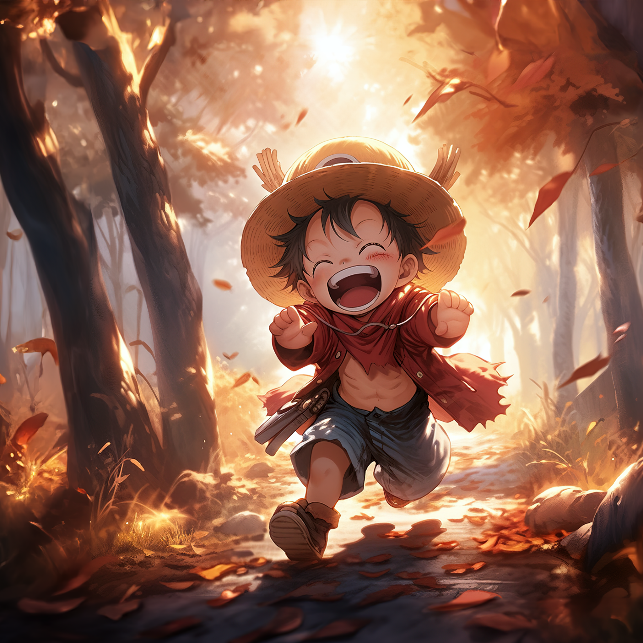 Chibi Luffy Wallpaper 4K, One Piece, Autumn Forest, AI art