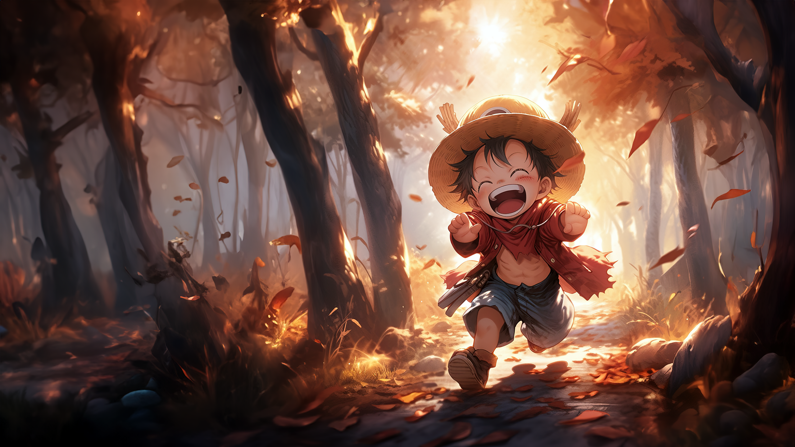 Chibi Luffy Wallpaper 4K, One Piece, Autumn Forest, AI art