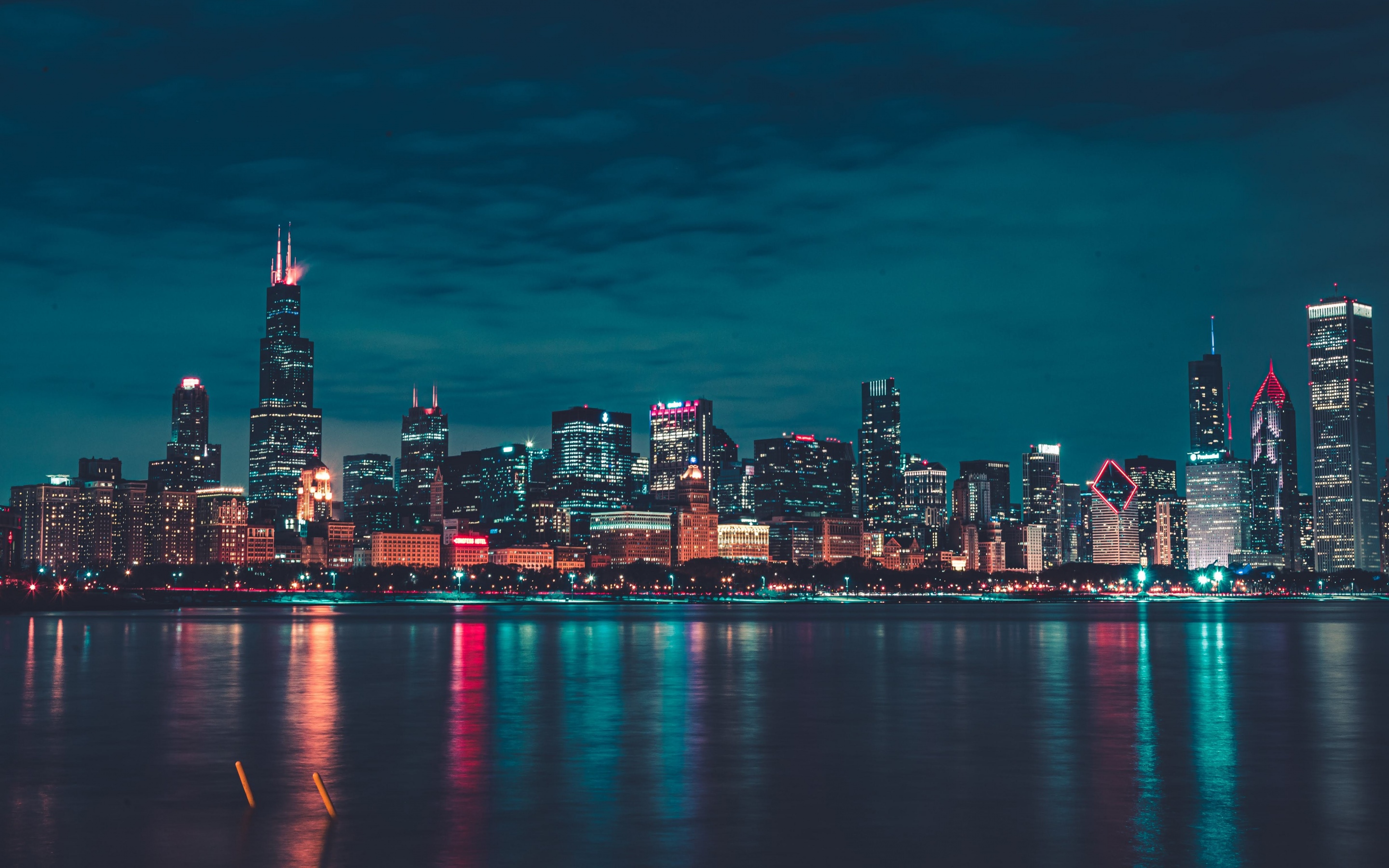 Chicago Wallpaper 4K, Night, City lights, Cityscape