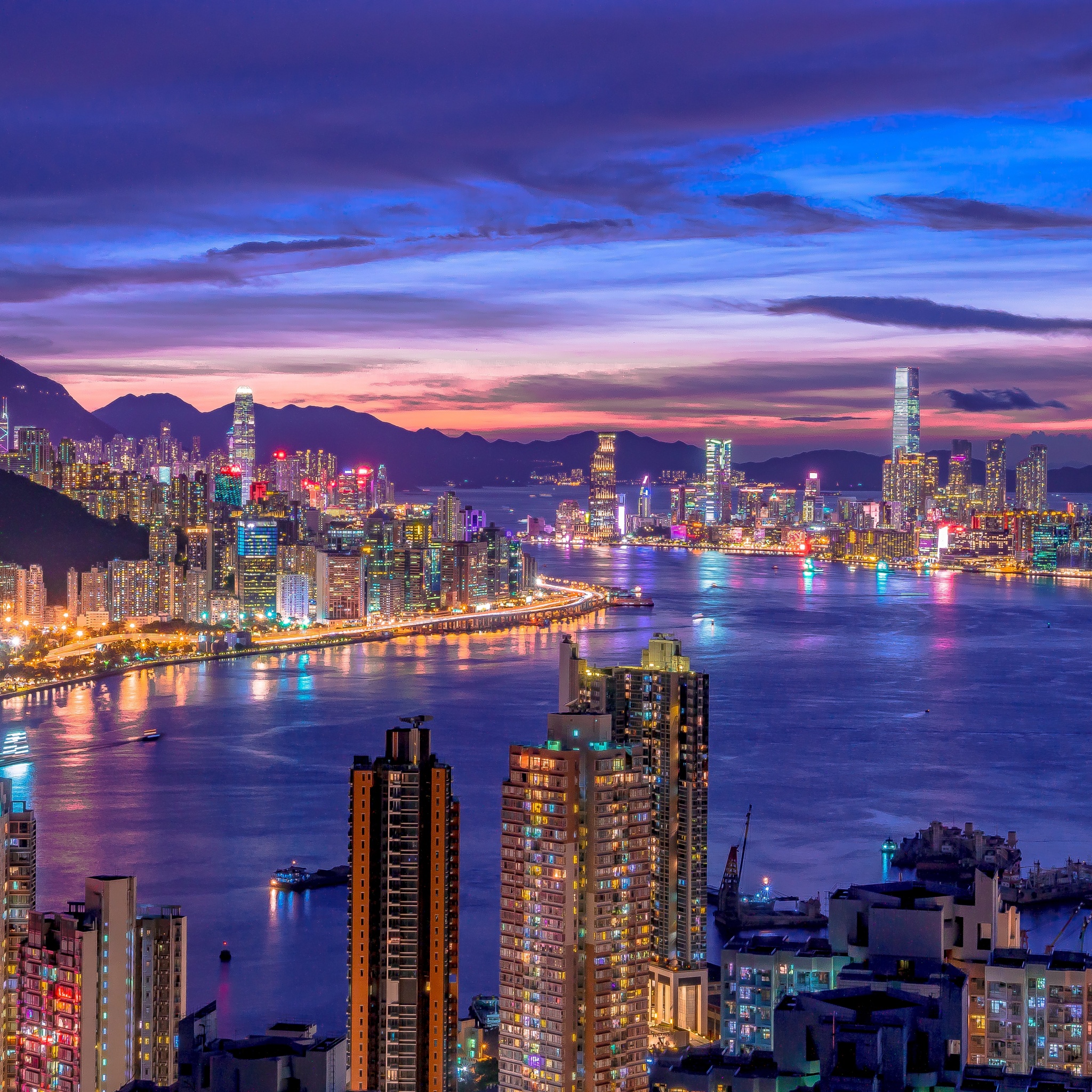 City Skyline 4K Wallpaper, Night life, Cityscape, Hong Kong