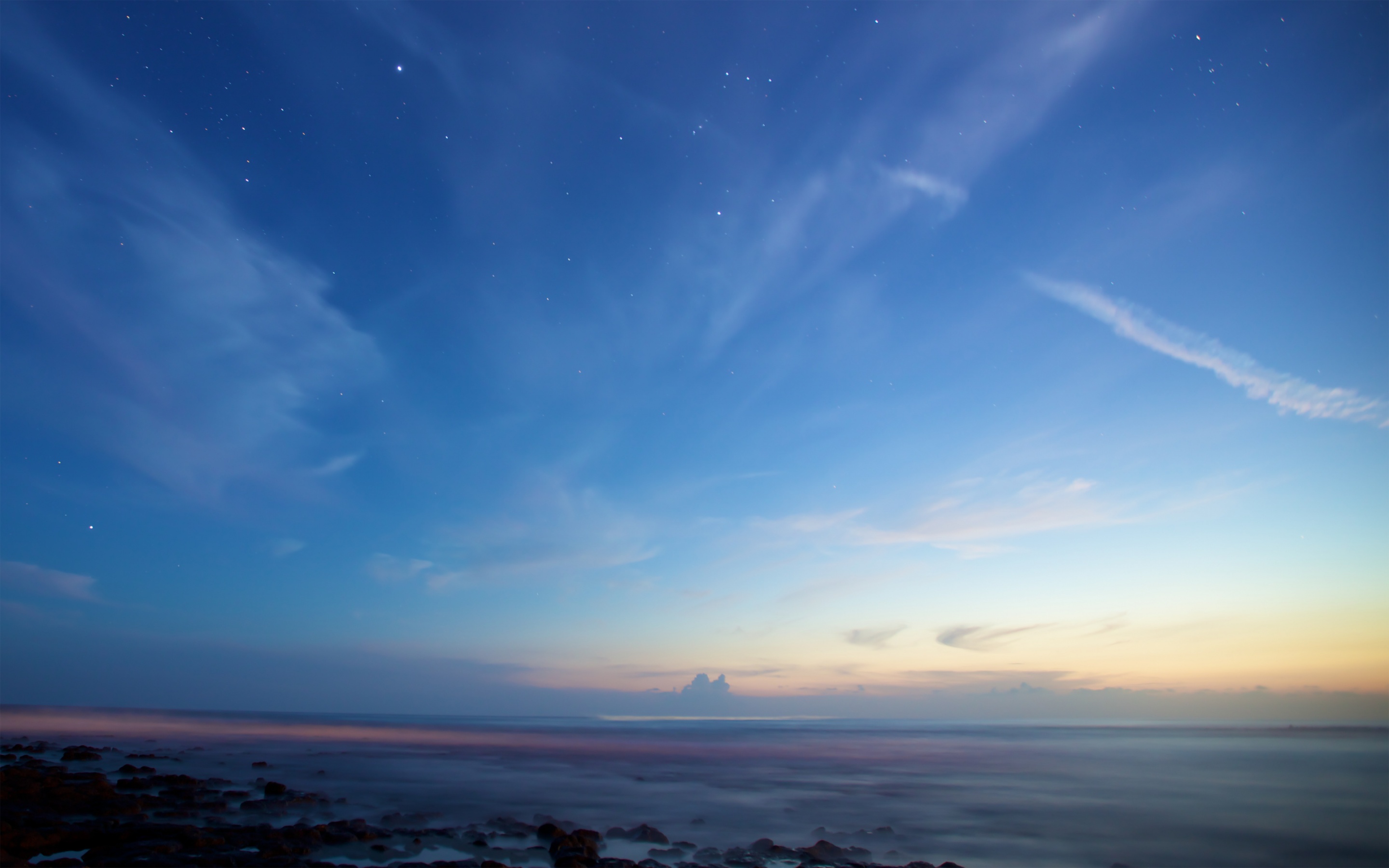 Clear sky Wallpaper 4K, Sunset, Dusk, Blue sky, Starry sky, Horizon