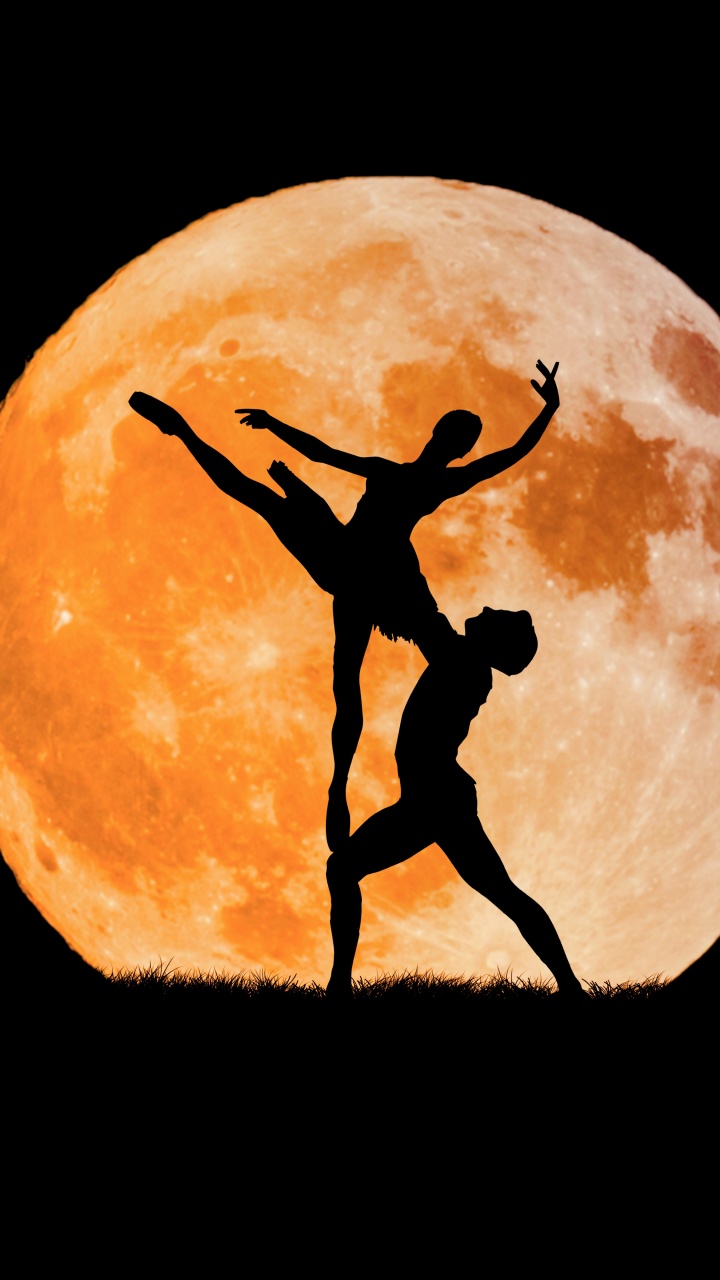 Couple Wallpaper 4K, Ballet dancers, Full Moon, Silhouette, Black/Dark