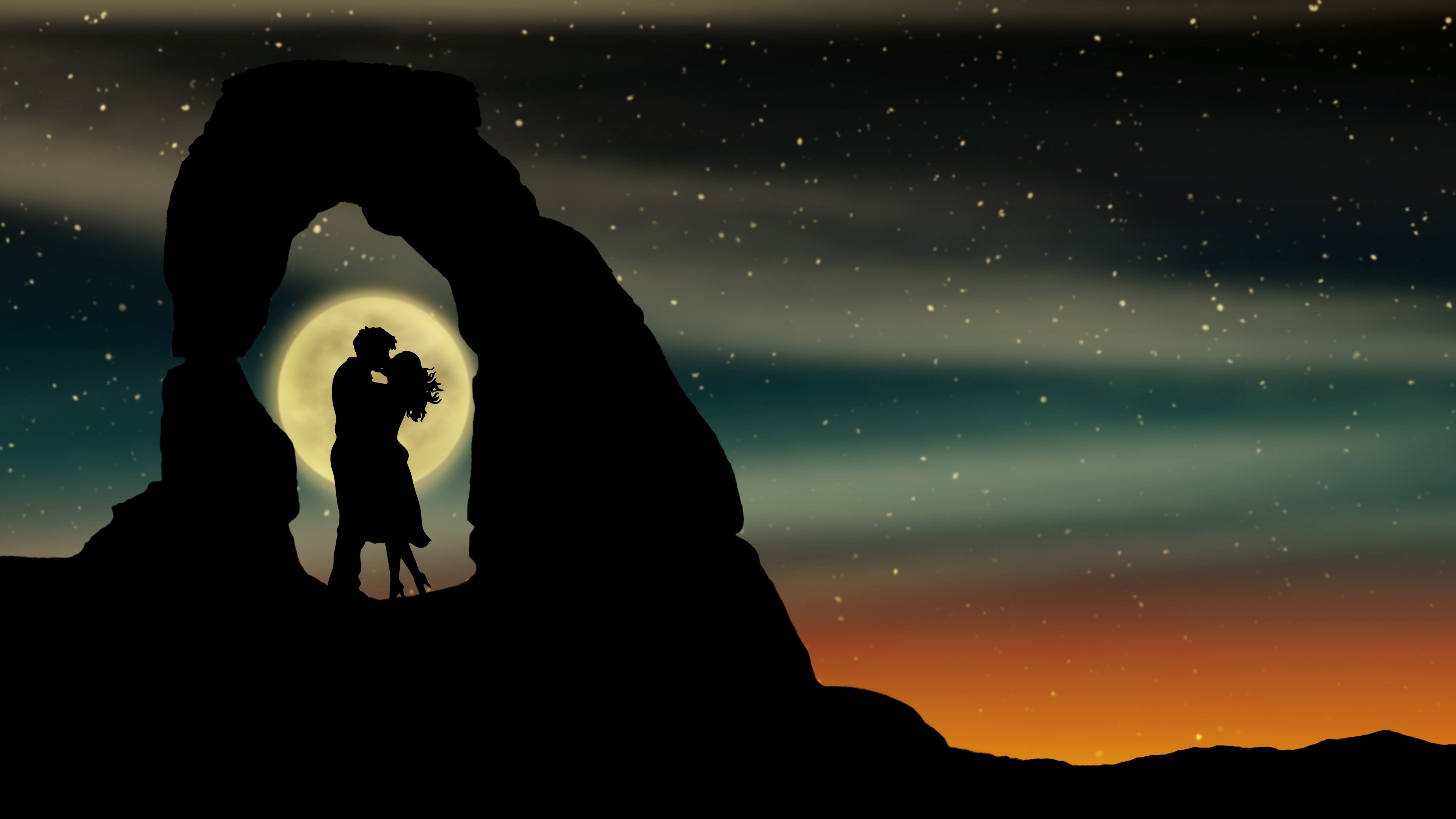 Couple 4K Wallpaper, Lovers, Romantic, Silhouette, Moon, Kissing couple
