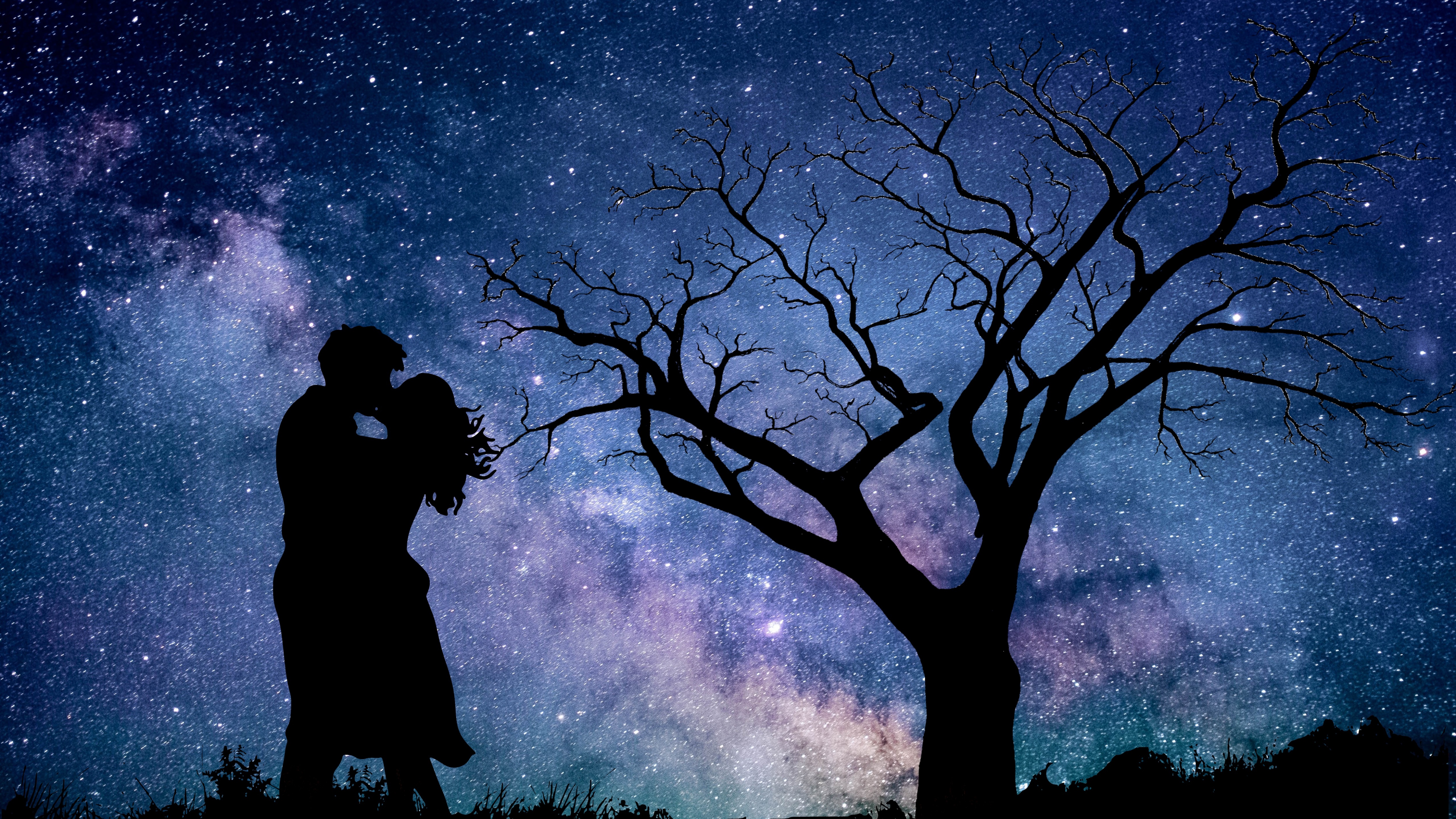 Couple Wallpaper 4K, Night, Romantic kiss, Silhouette, Starry sky, 5K