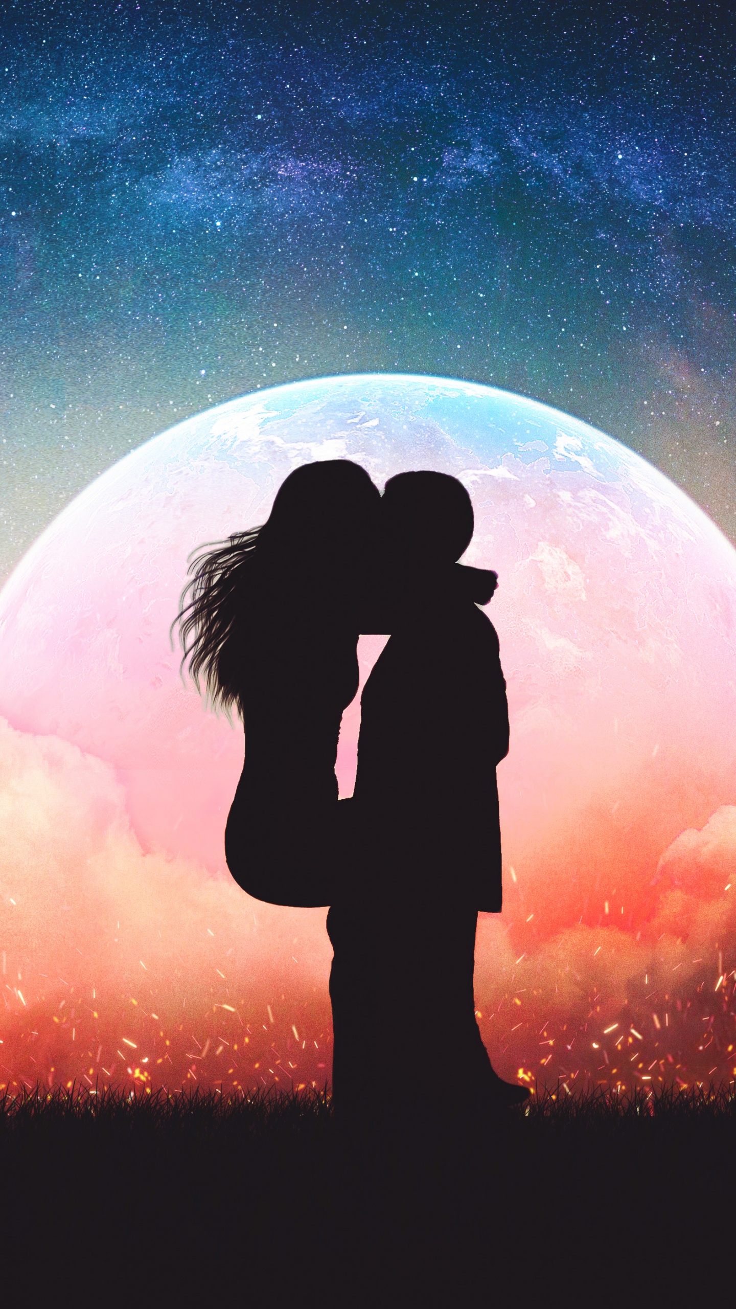 Couple Wallpaper 4K, Romantic kiss, Silhouette, Moon, Lovers, Sunset