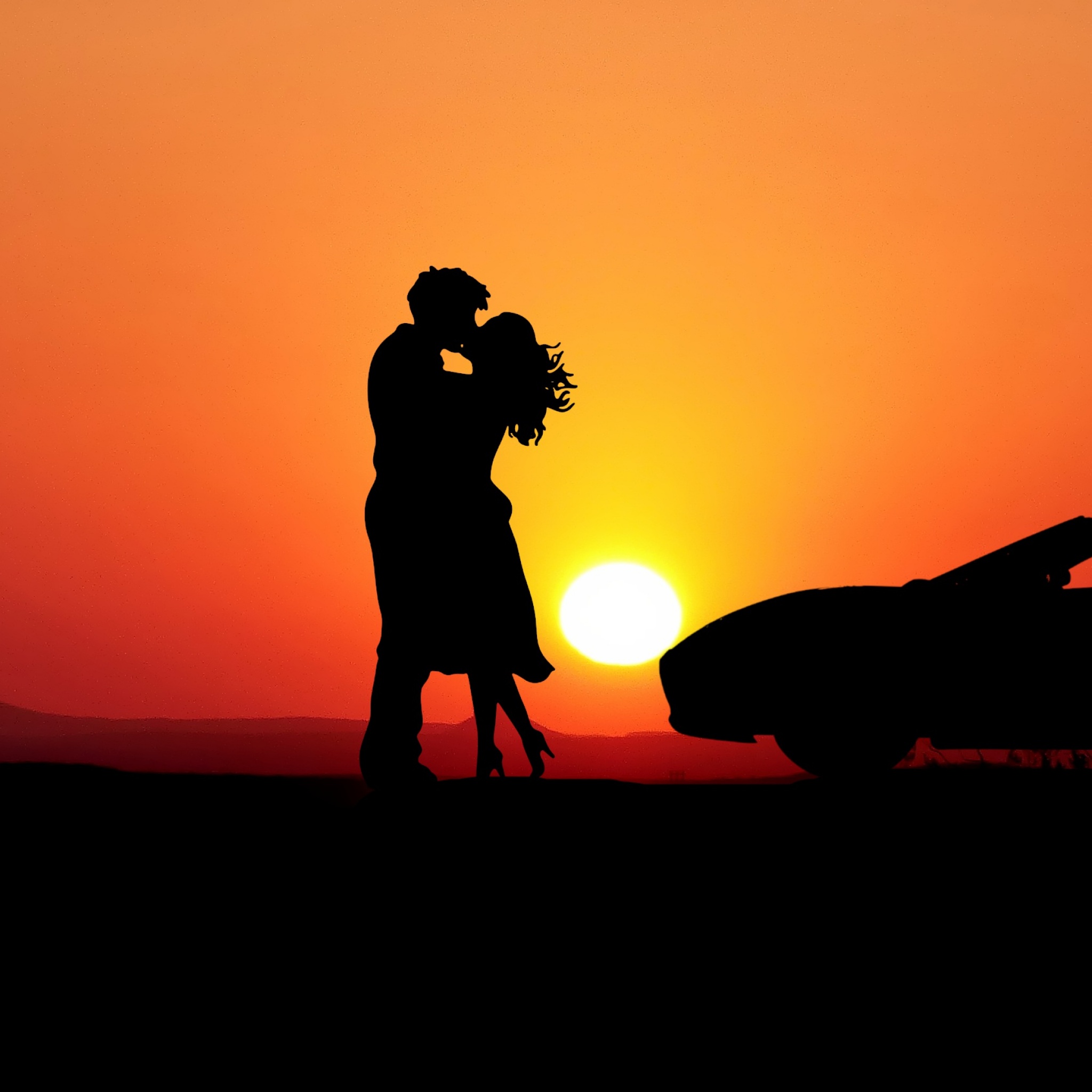 Couple Wallpaper 4K, Romantic kiss, Sunset, Silhouette, Car, Together