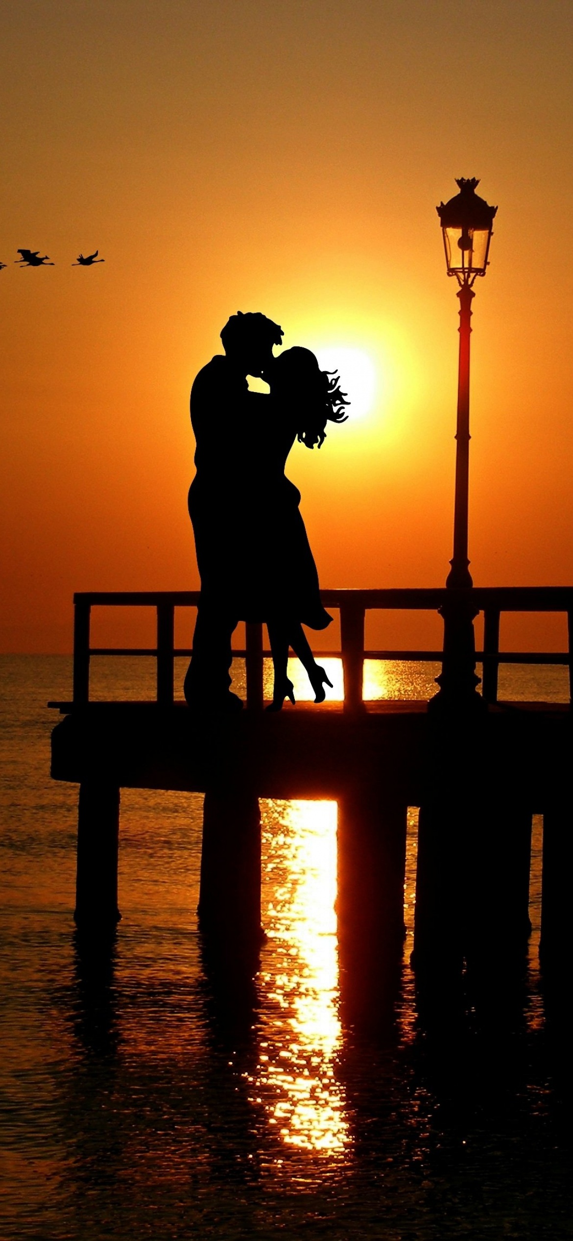 Couple Wallpaper 4K, Romantic kiss, Sunset, Silhouette, Together, Love