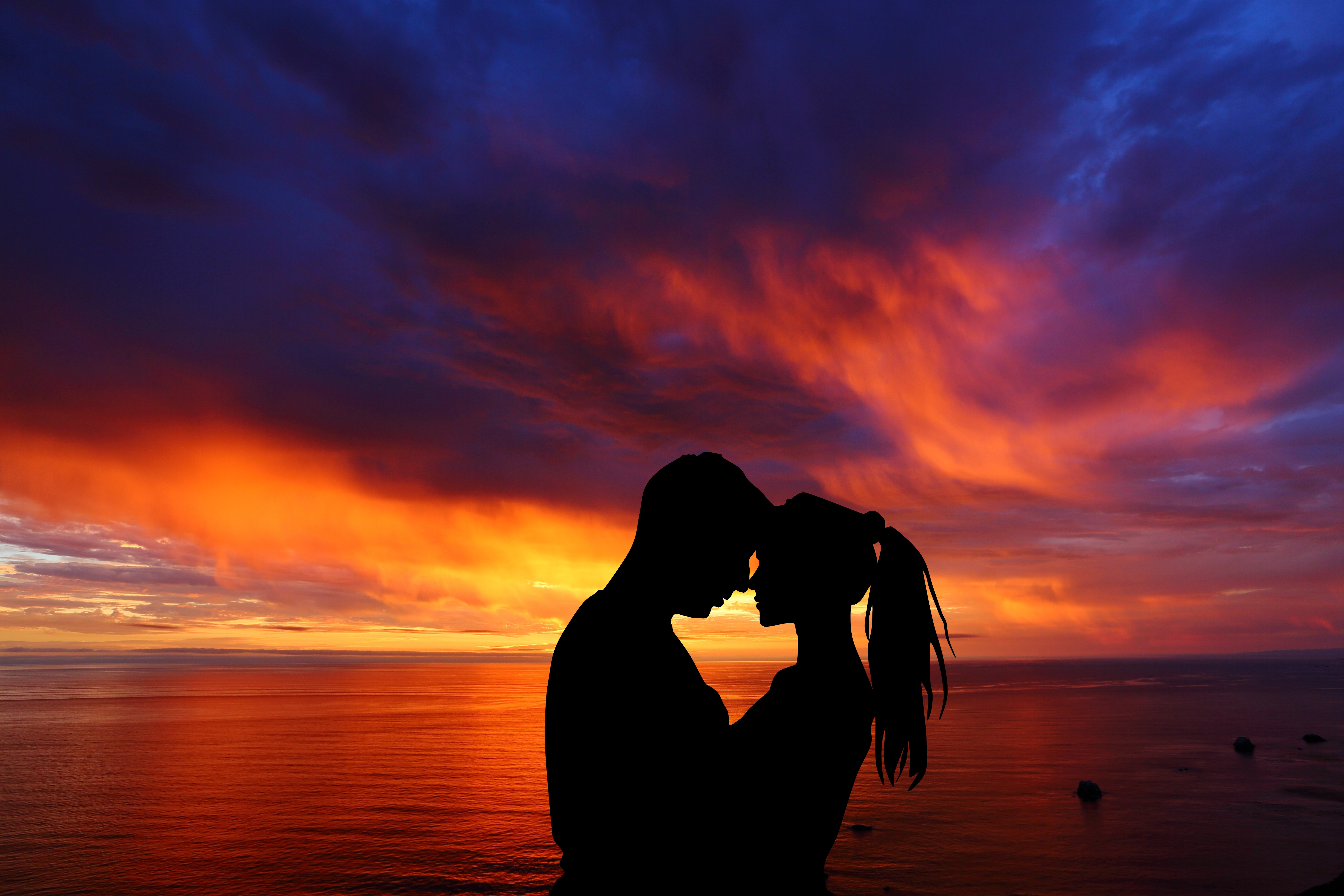 Couple Wallpaper 4K, Romantic, Silhouette, Sunset, Seascape, Together