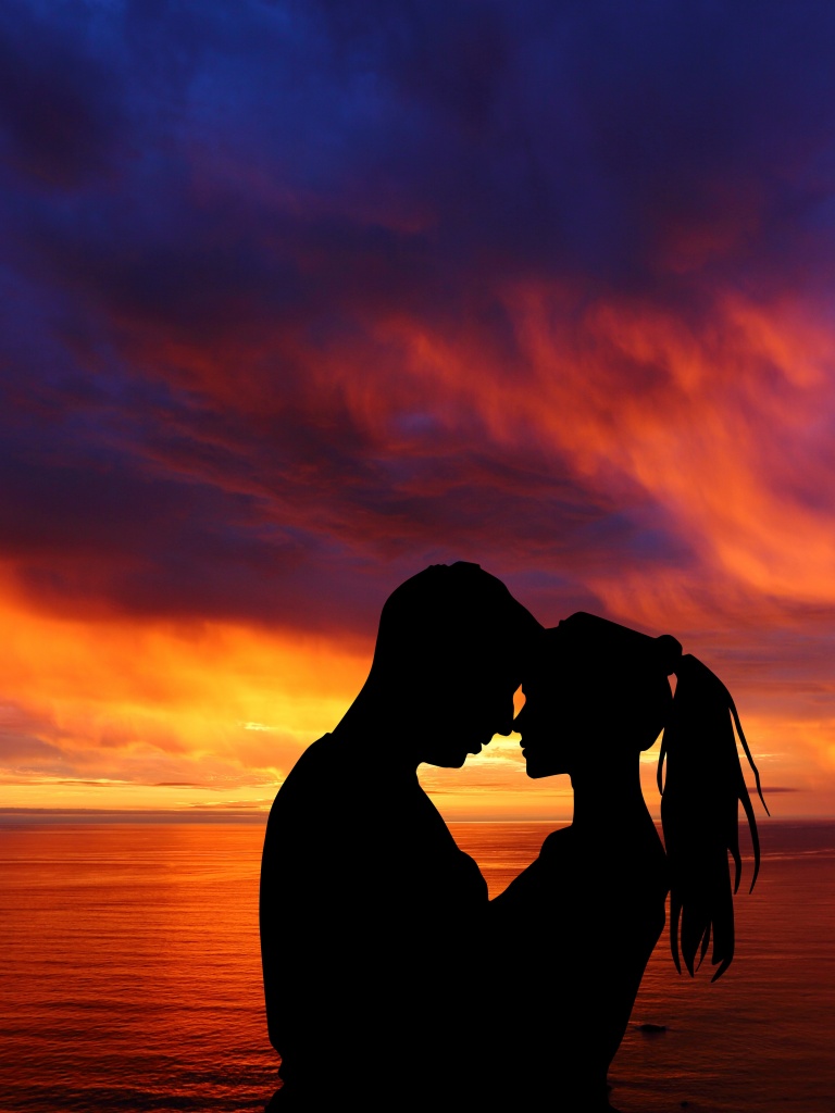 Couple Wallpaper 4K, Romantic, Silhouette, Sunset, Seascape, Together