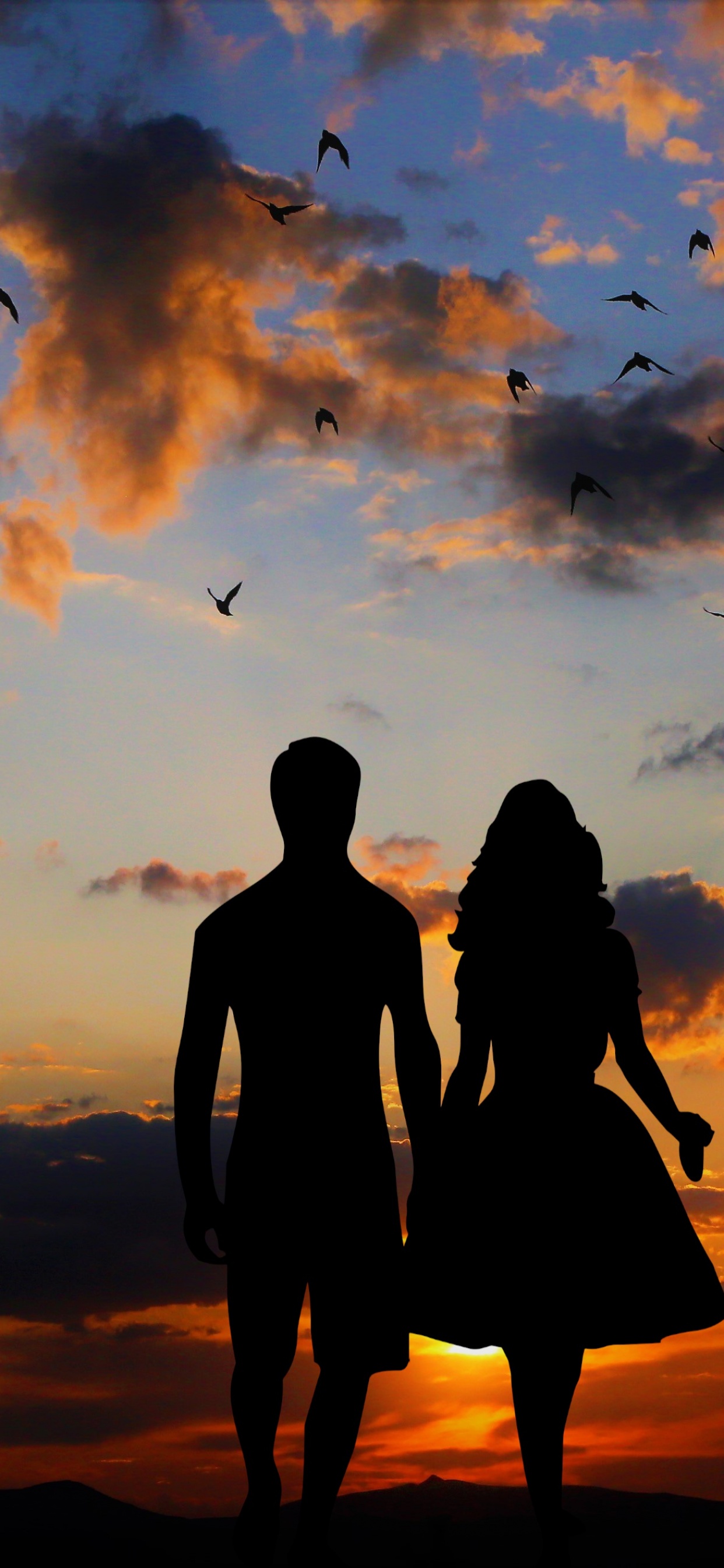 Couple Wallpaper 4K, Silhouette, Sunset, Together, Dawn, Evening, Love
