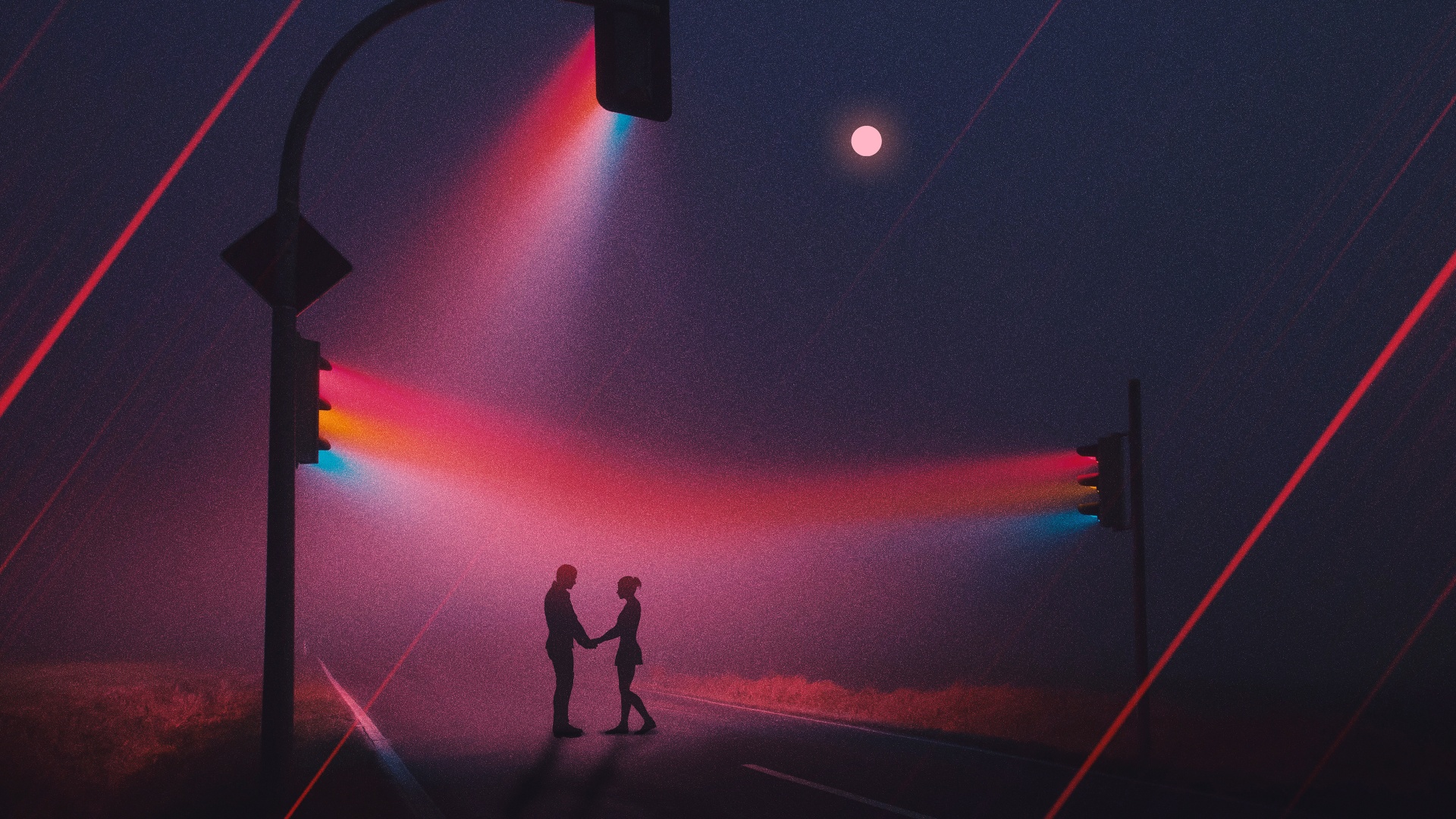 Couple 4K Wallpaper, Silhouette, Traffic lights, Night, Romantic, Focus,  Spectrum, Moon, Road, Love, #138