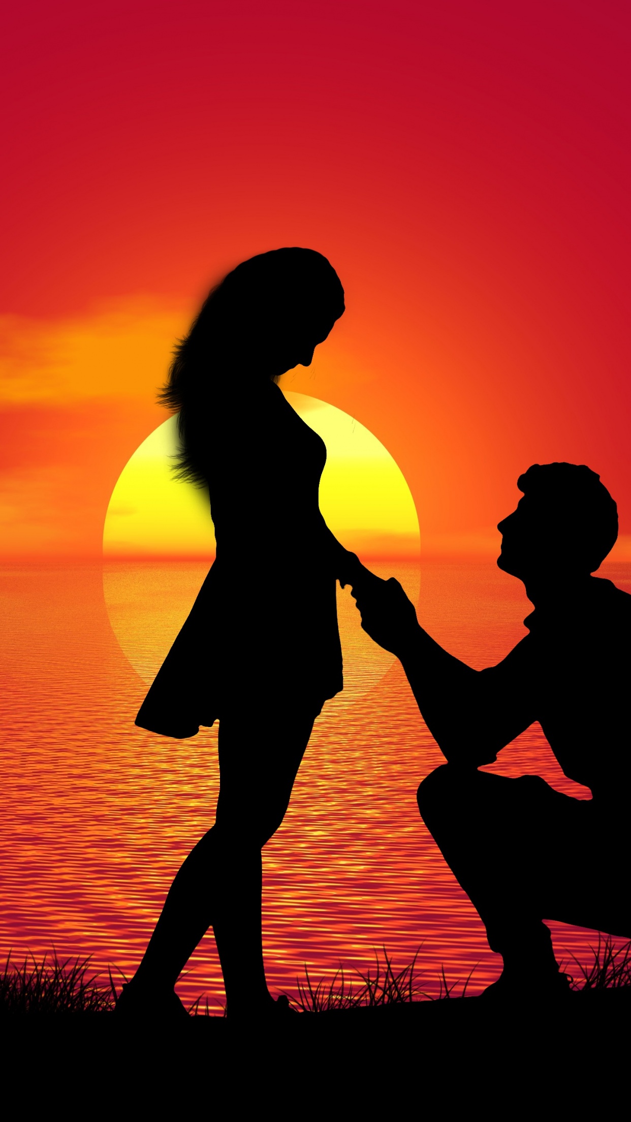 Couple 4K Wallpaper, Sunset, Proposal, Silhouette, Romantic, Lovers
