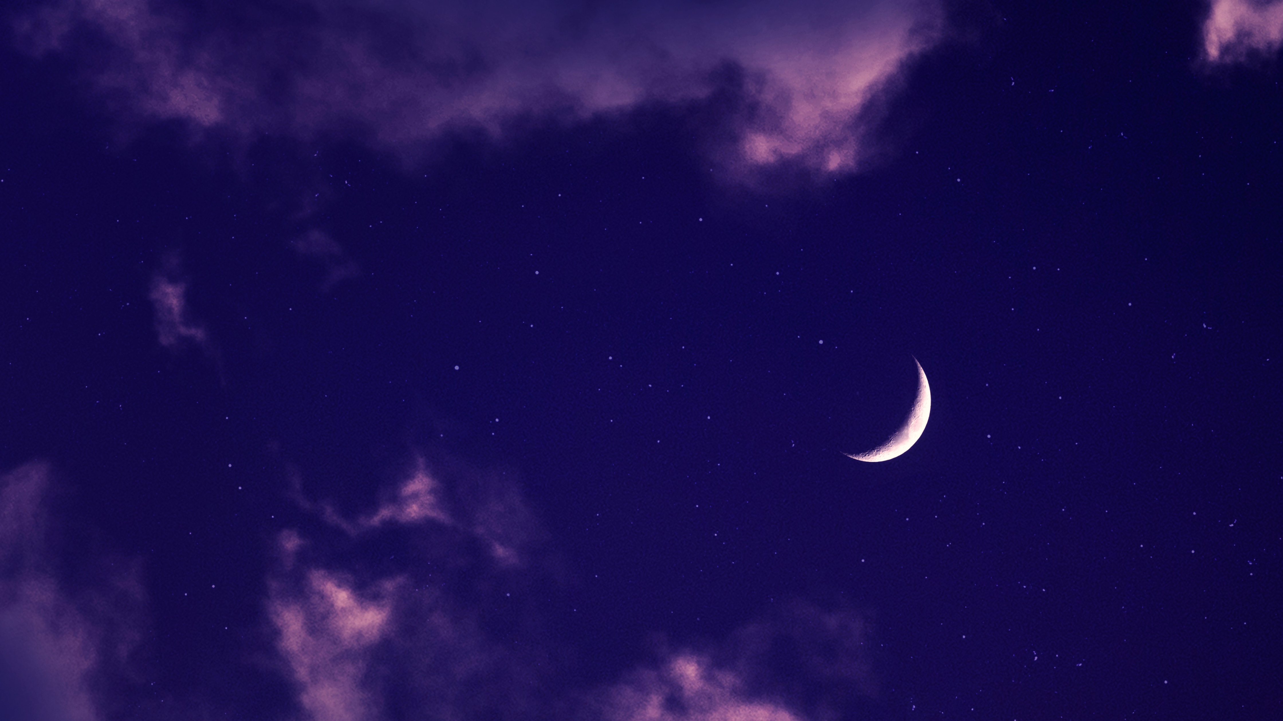 Crescent Moon Wallpaper 4K, Purple sky, Stars, Aesthetic