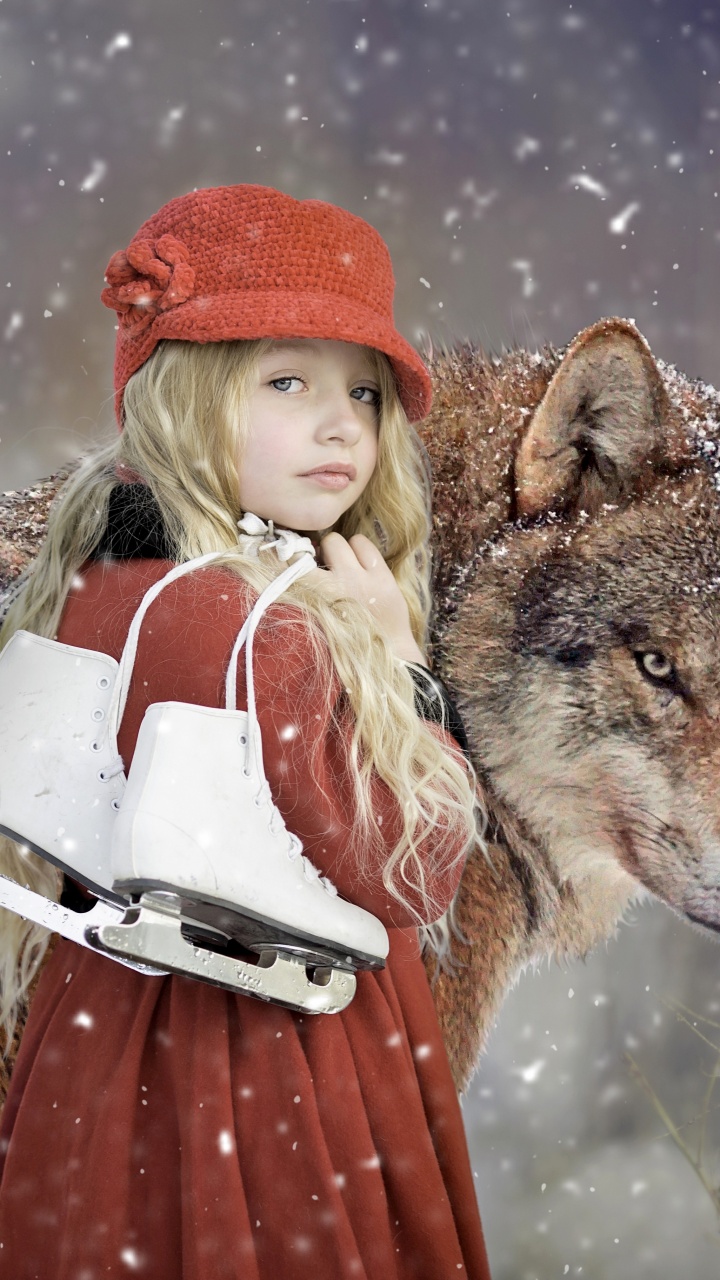 Cute Girl Wallpaper 4K, Wolf, Snowfall, Winter, Pet, 5K