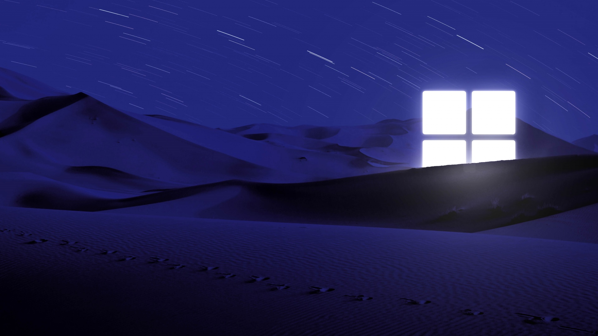 Desert Wallpaper 4K, Night, Blue, Windows logo, Glowing, Star Trails