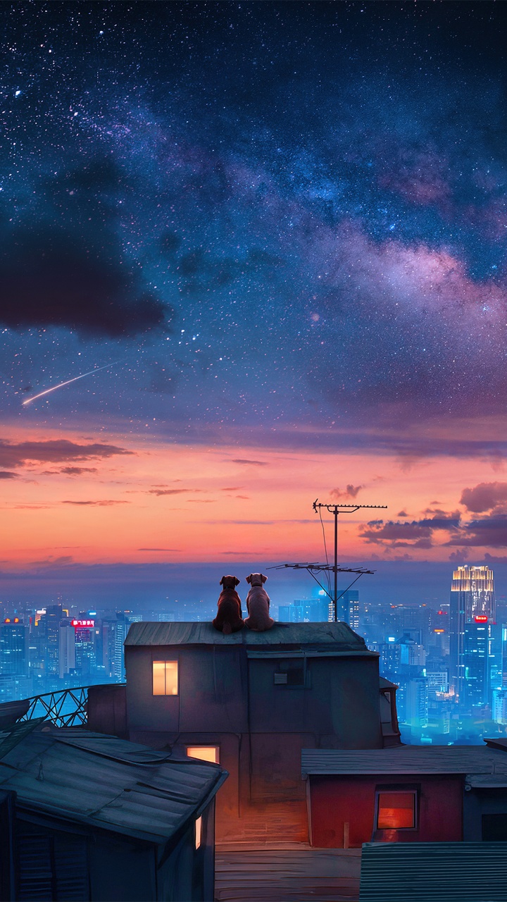 Dogs Wallpaper 4K, Surrealism, Starry sky, Cityscape