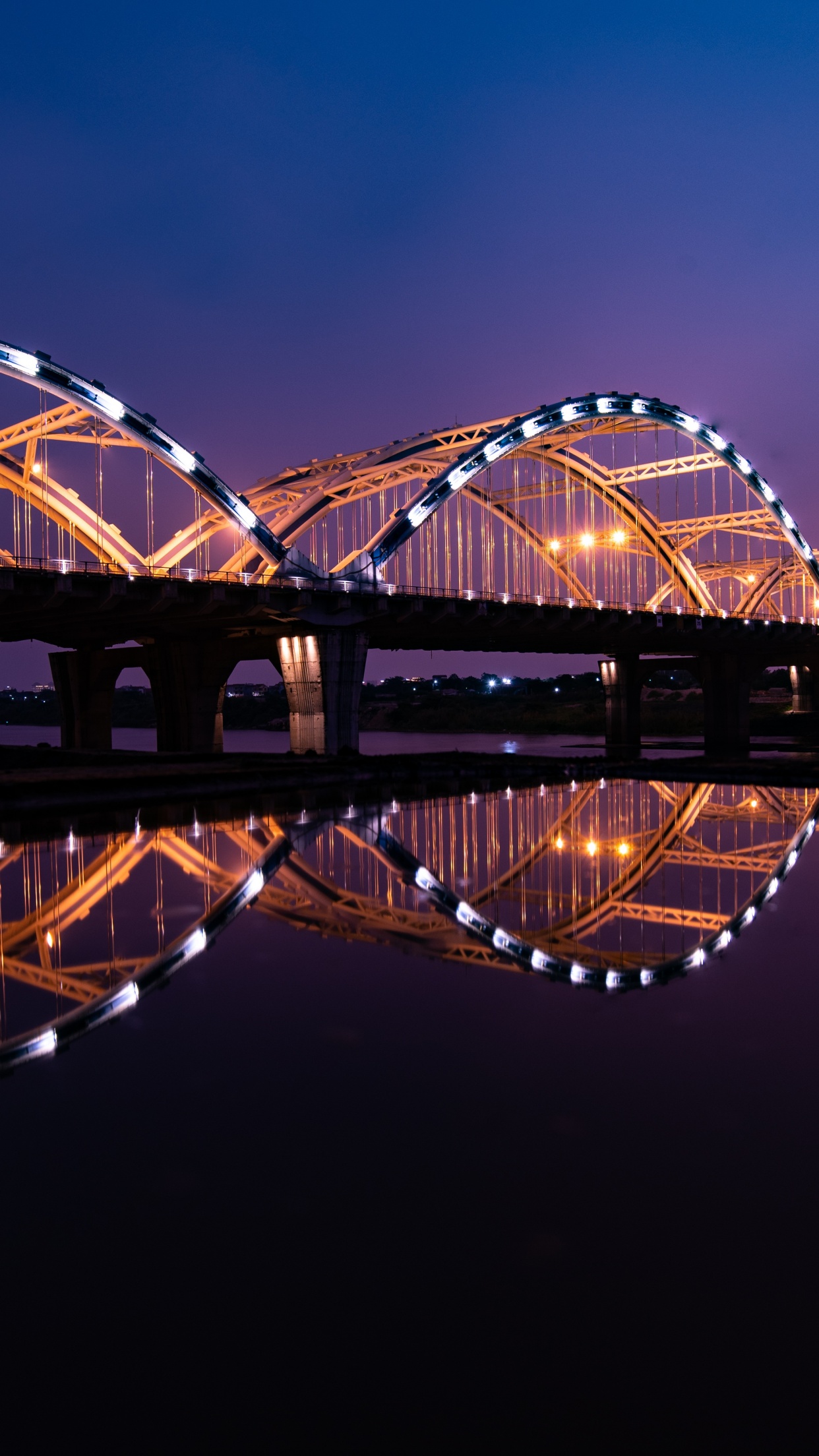 Dragon Bridge Wallpaper 4K, City lights, Night, Reflection, Arch bridge
