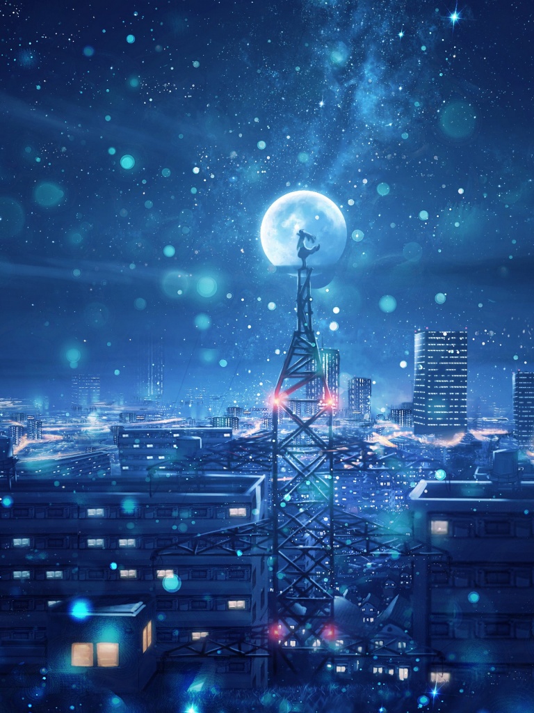 Dream Wallpaper 4K, Blue, Cityscape, Snowfall, Moon